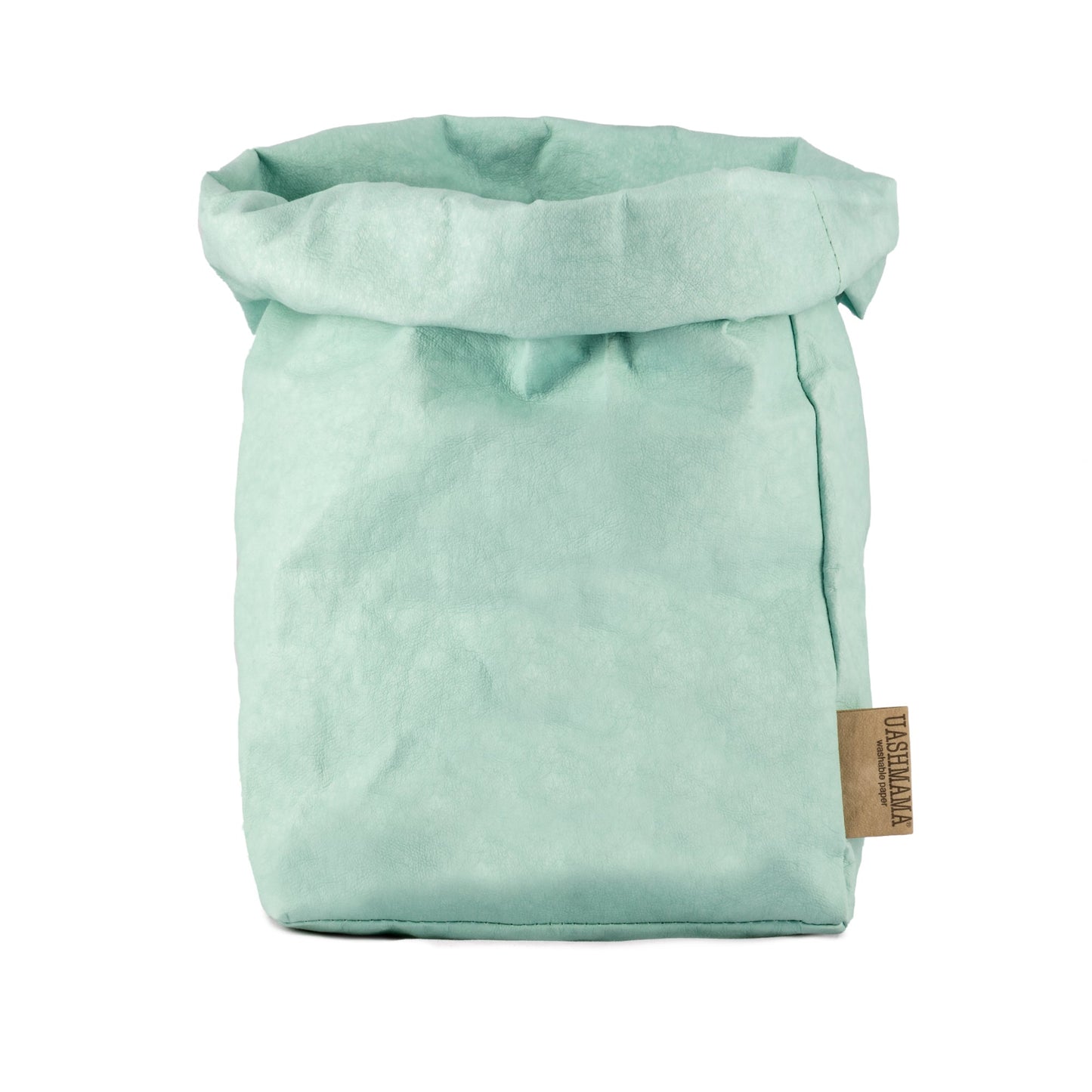 A washable paper bag is shown. The bag is rolled down at the top and features a UASHMAMA logo label on the bottom left corner. The bag pictured is the large plus size in pale turquoise.