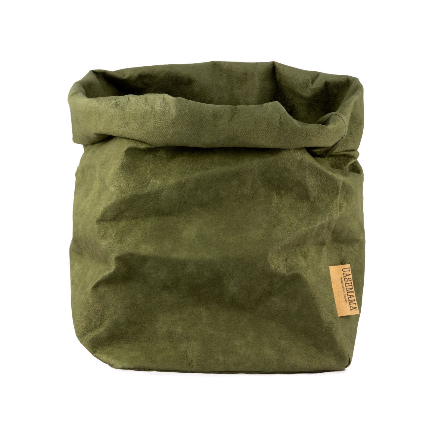 A washable paper bag is shown. The bag is rolled down at the top and features a UASHMAMA logo label on the bottom left corner. The bag pictured is the large plus size in dark green.