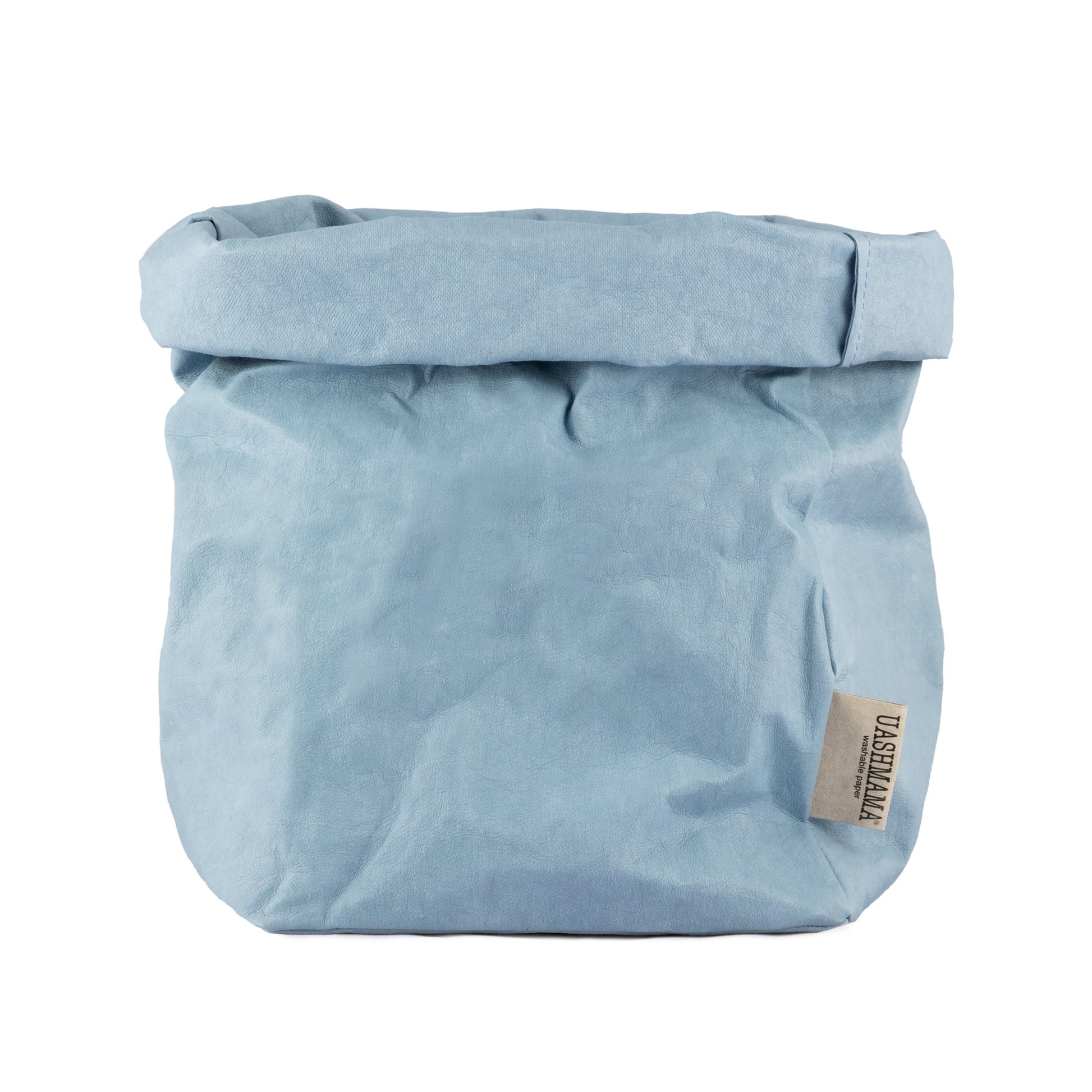 A washable paper bag is shown. The bag is rolled down at the top and features a UASHMAMA logo label on the bottom left corner. The bag pictured is the large plus size in light blue.