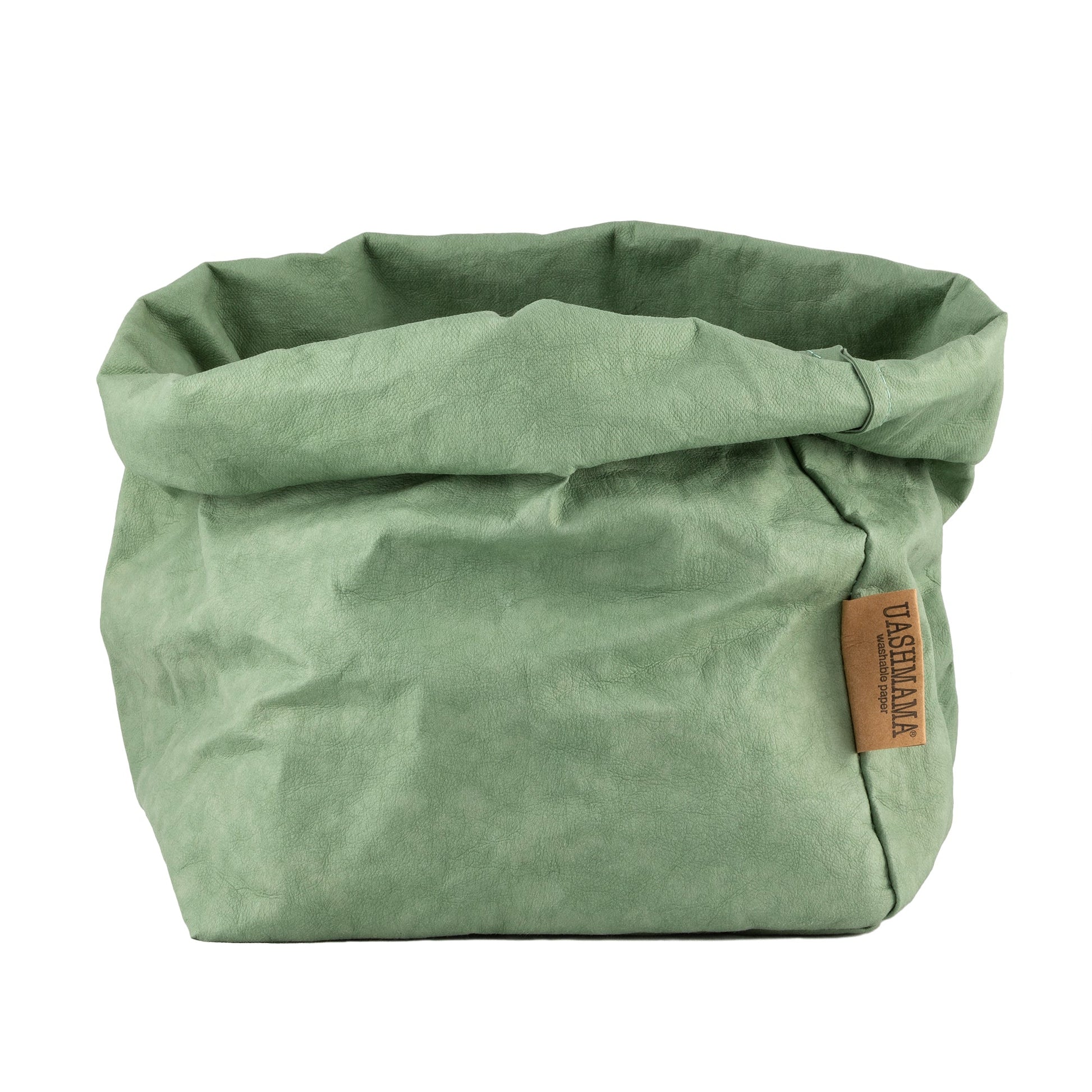 A washable paper bag is shown. The bag is rolled down at the top and features a UASHMAMA logo label on the bottom left corner. The bag pictured is the large plus size in green.