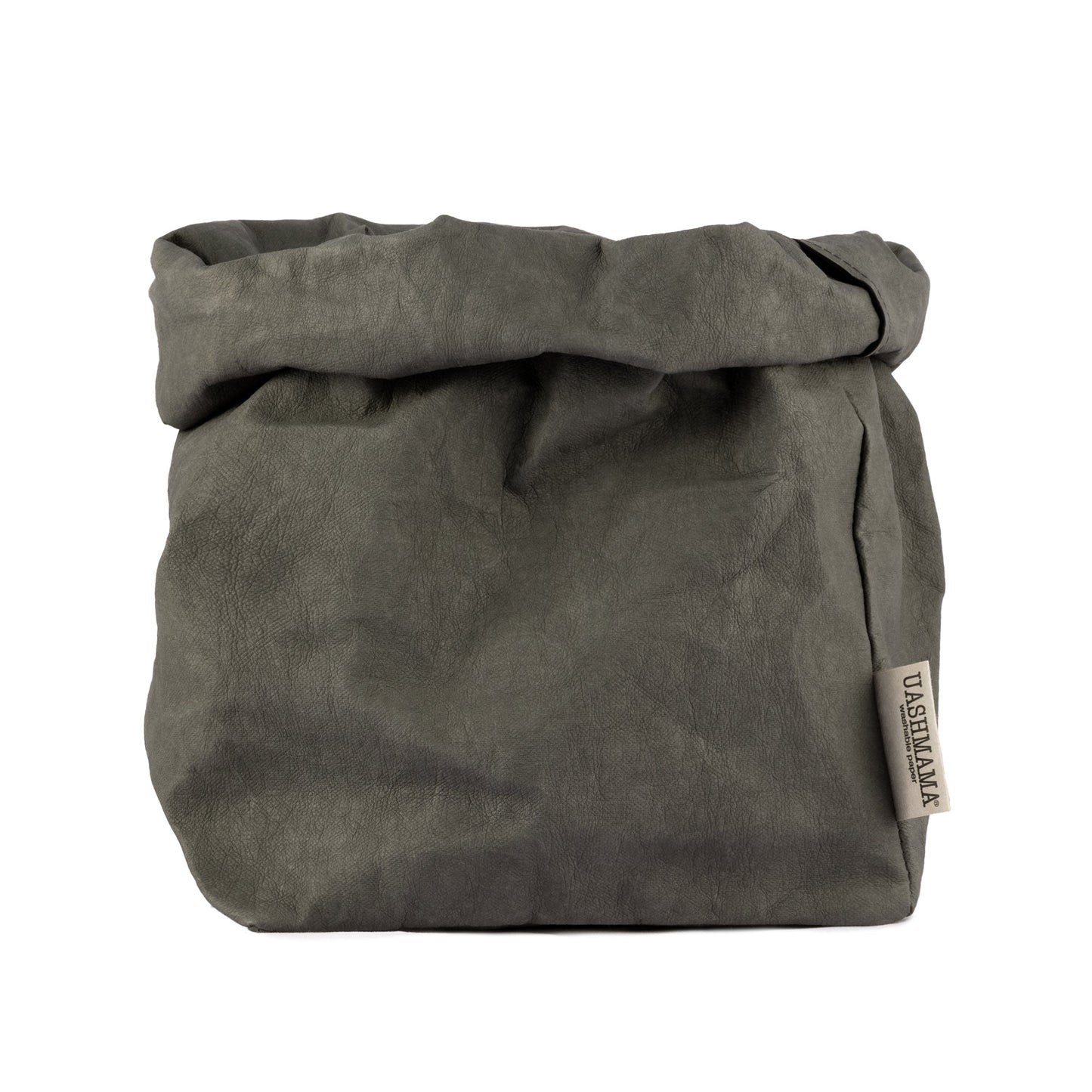 A washable paper bag is shown. The bag is rolled down at the top and features a UASHMAMA logo label on the bottom left corner. The bag pictured is the large plus size in dark grey.