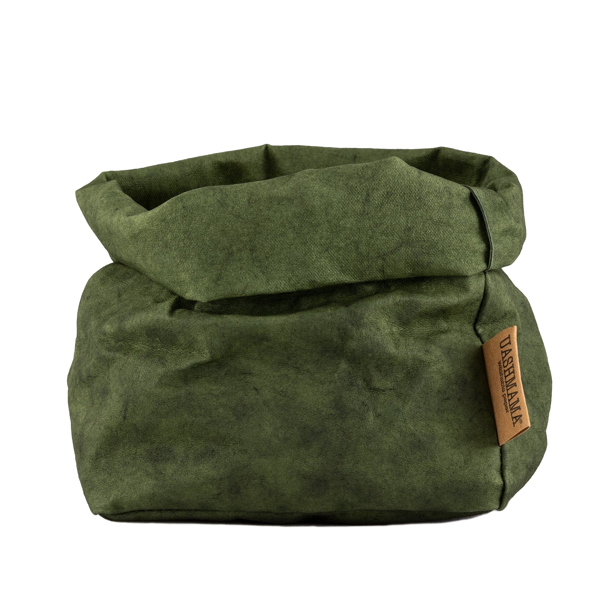 A washable paper bag is shown. The bag is rolled down at the top and features a UASHMAMA logo label on the bottom left corner. The bag pictured is the medium size in dark green.
