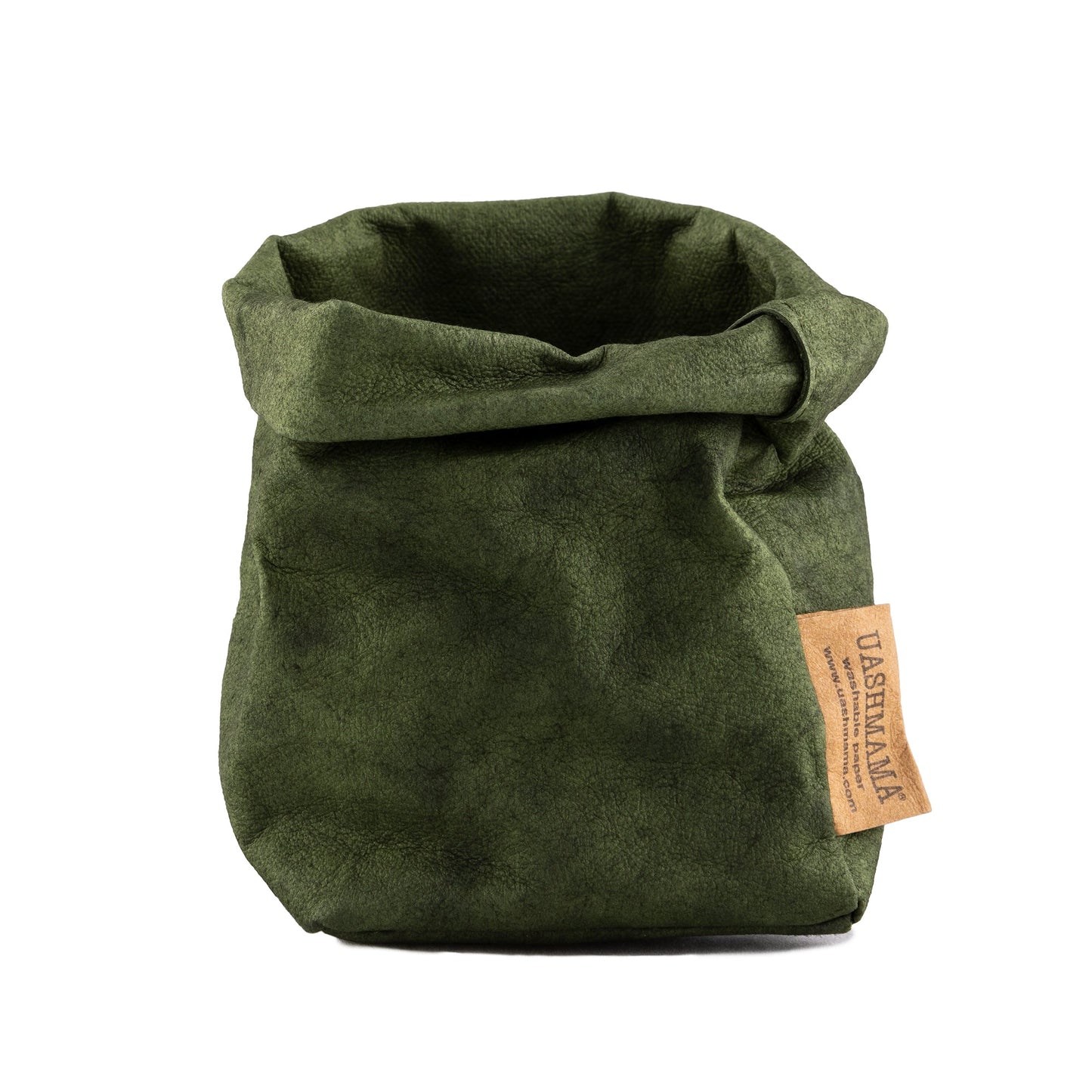 A washable paper bag is shown. The bag is rolled down at the top and features a UASHMAMA logo label on the bottom left corner. The bag pictured is the piccolo size in dark green.