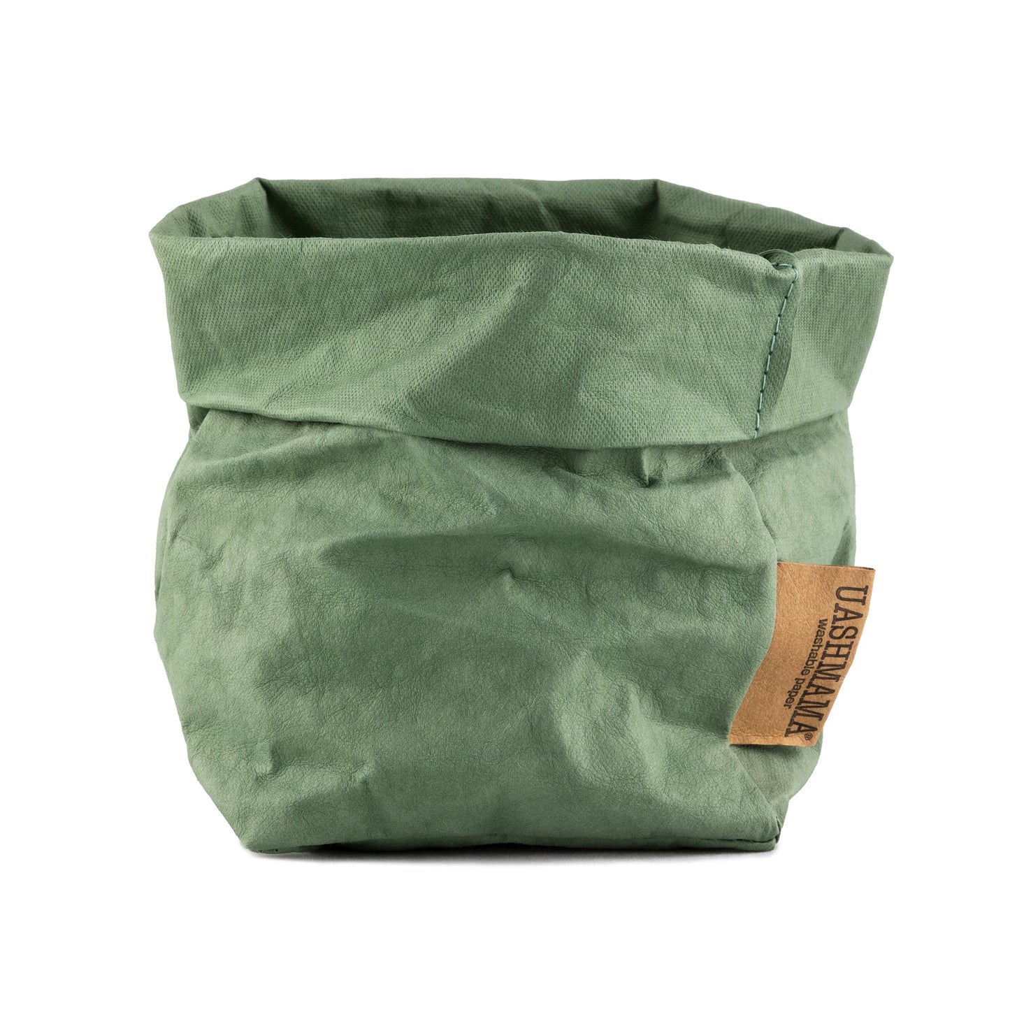 A washable paper bag is shown. The bag is rolled down at the top and features a UASHMAMA logo label on the bottom left corner. The bag pictured is the small size in green.