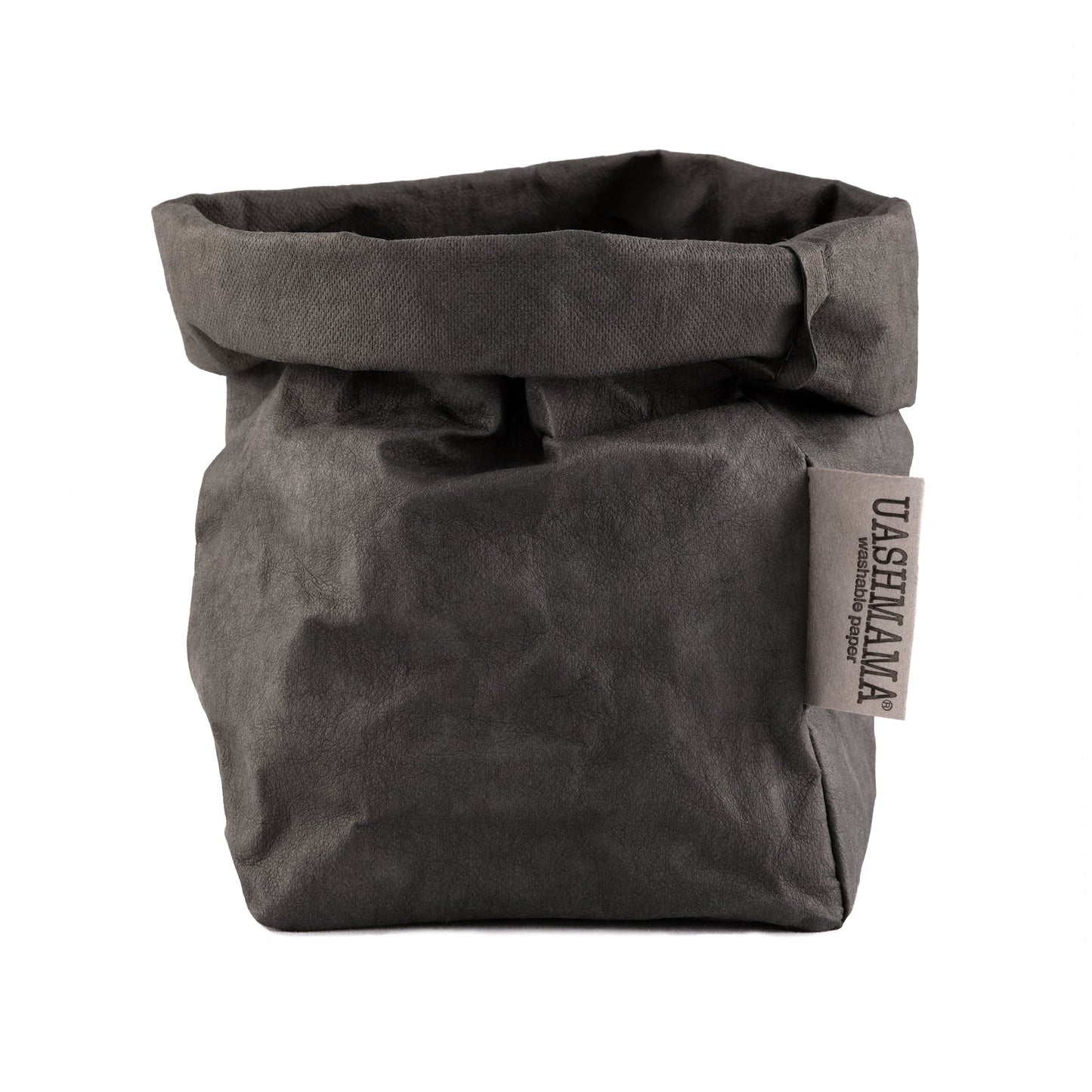 A washable paper bag is shown. The bag is rolled down at the top and features a UASHMAMA logo label on the bottom left corner. The bag pictured is the small size in dark grey.