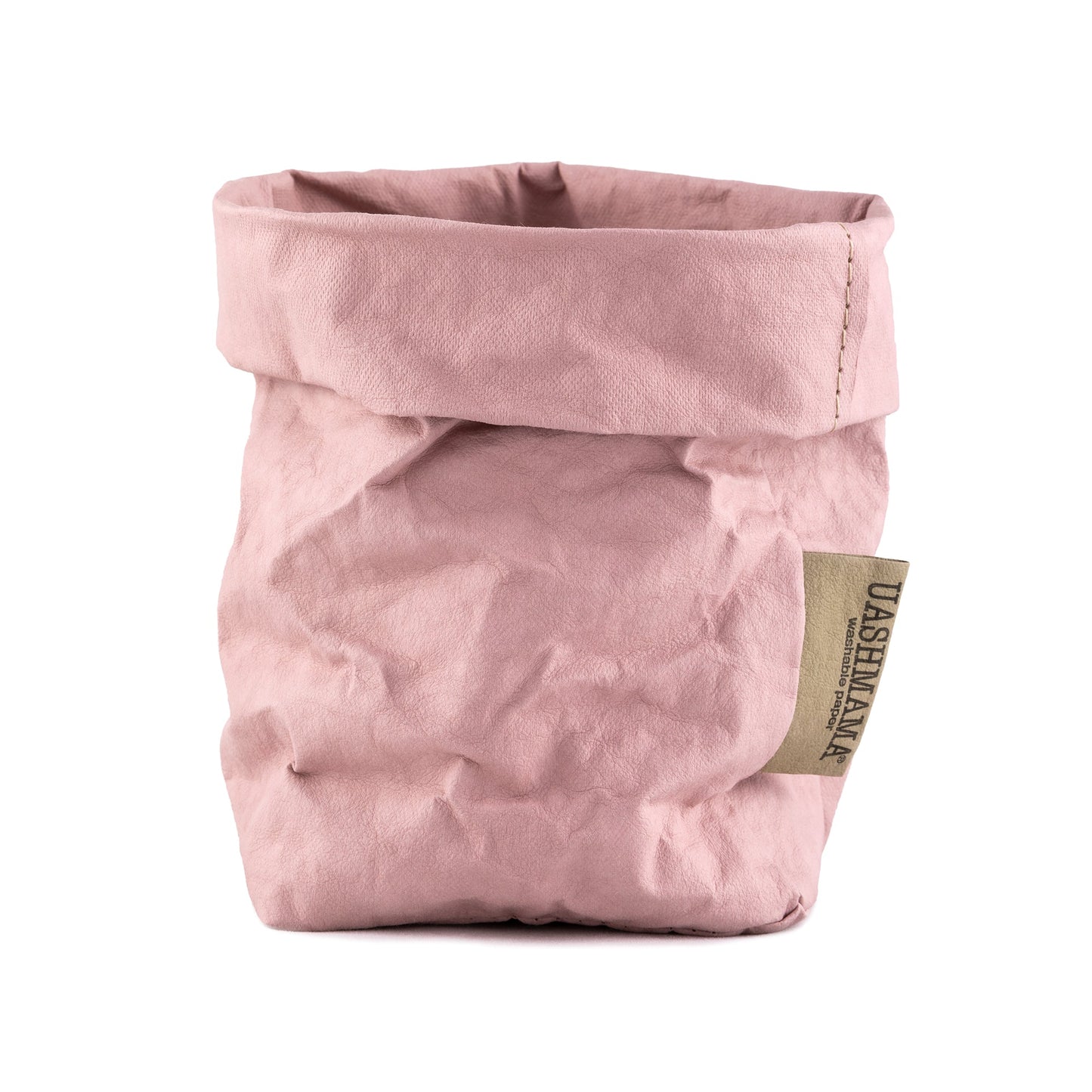 A washable paper bag is shown. The bag is rolled down at the top and features a UASHMAMA logo label on the bottom left corner. The bag pictured is the small size in pale pink.