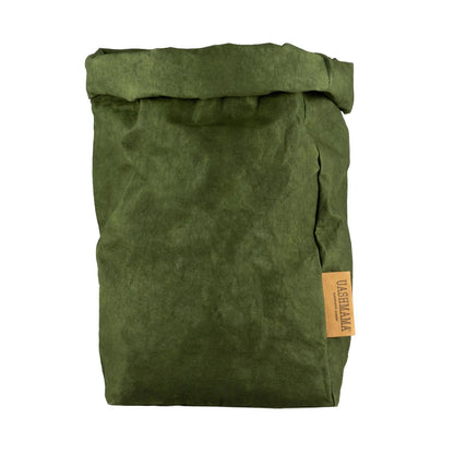 A washable paper bag is shown. The bag is rolled down at the top and features a UASHMAMA logo label on the bottom left corner. The bag pictured is the extra large size in dark green.