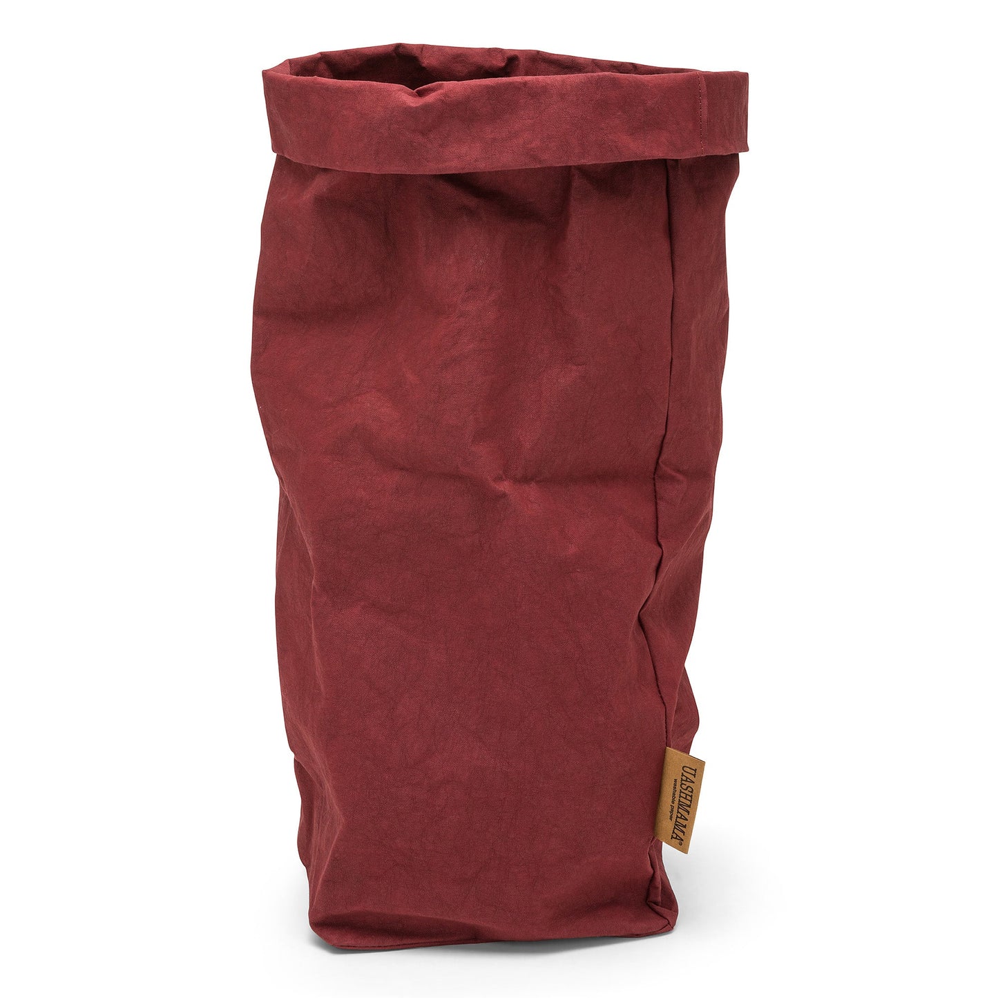 A washable paper bag is shown. The bag is rolled down at the top and features a UASHMAMA logo label on the bottom left corner. The bag pictured is the extra large size in dark red.