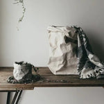 Two light grey washable paper bags are sitting on a wooden table. Above then suspended from the ceiling is a brown plant pot with a trailing green plant. The small paper bag on the left contains a trailing plant. The extra large paper bag on the right is shown with a grey patterned blanket.