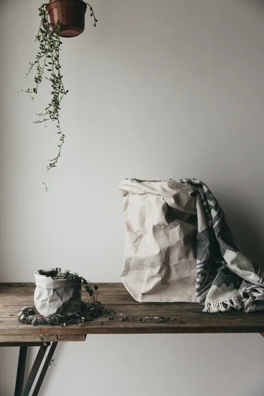 Two light grey washable paper bags are sitting on a wooden table. Above then suspended from the ceiling is a brown plant pot with a trailing green plant. The small paper bag on the left contains a trailing plant. The extra large paper bag on the right is shown with a grey patterned blanket.