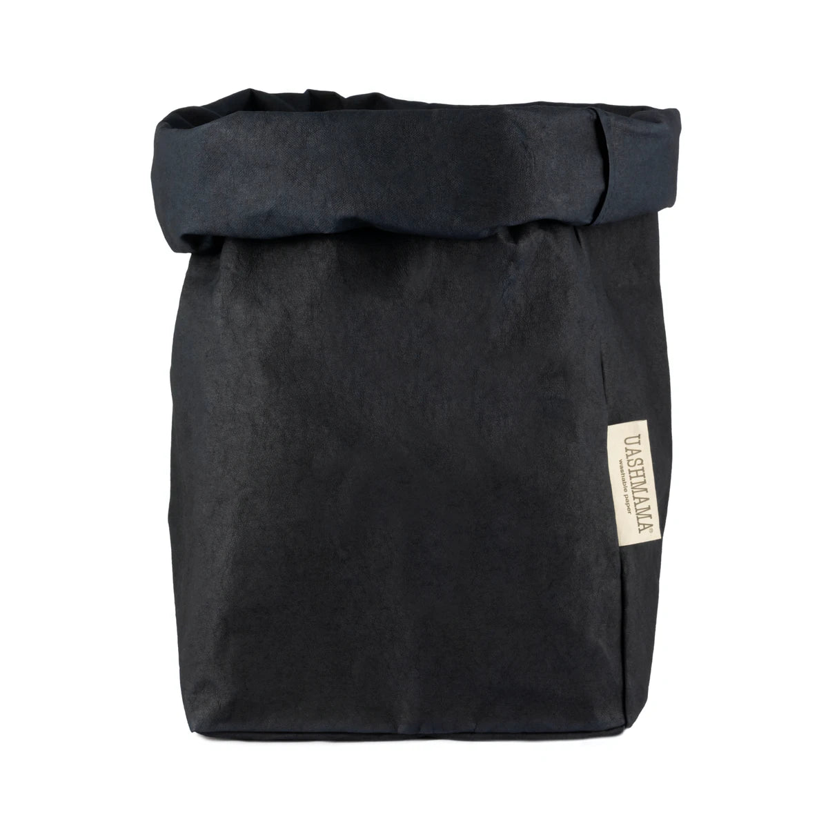 A washable paper bag is shown. The bag is rolled down at the top and features a UASHMAMA logo label on the bottom left corner. The bag pictured is the extra large size in dark blue.