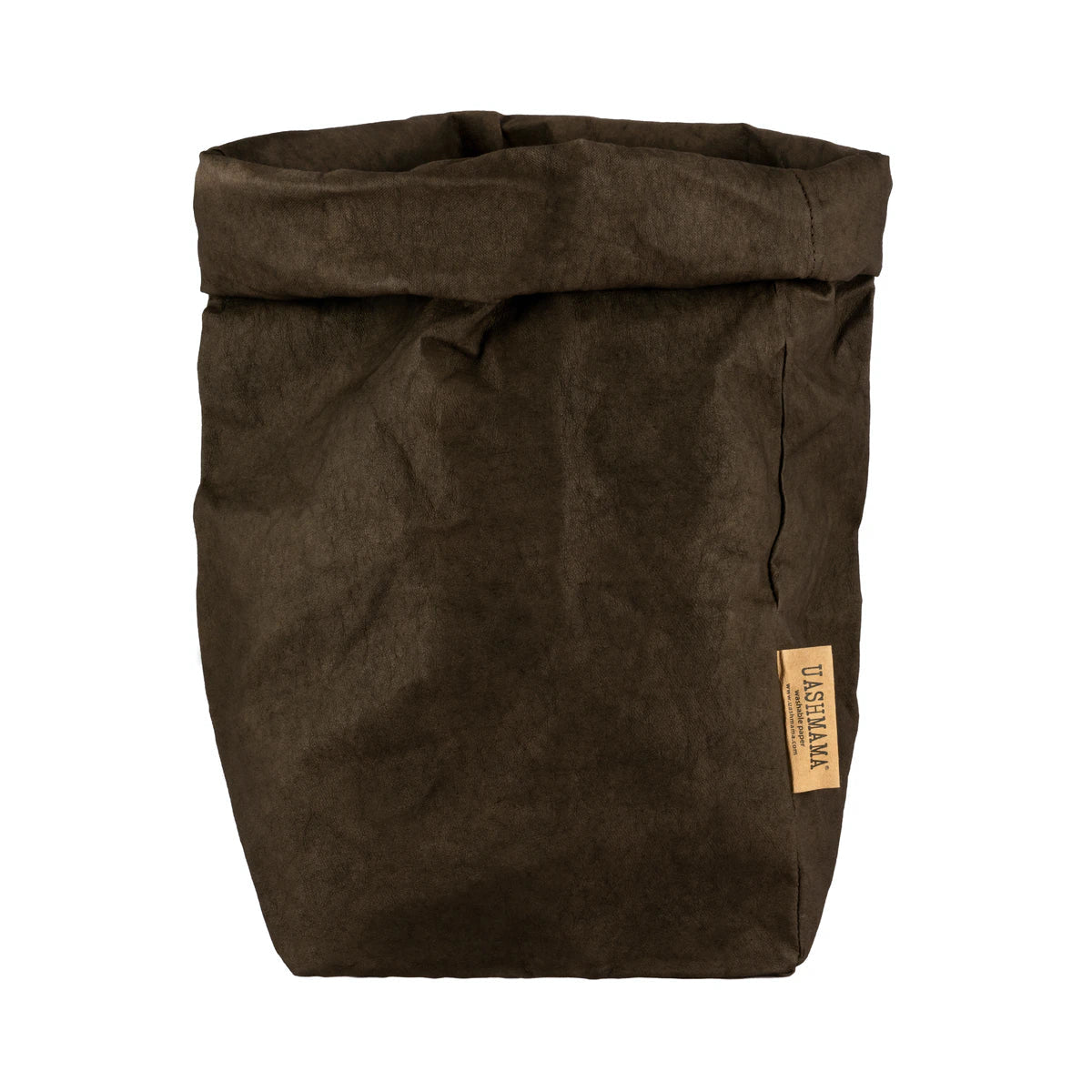 A washable paper bag is shown. The bag is rolled down at the top and features a UASHMAMA logo label on the bottom left corner. The bag pictured is the extra large size in brown.