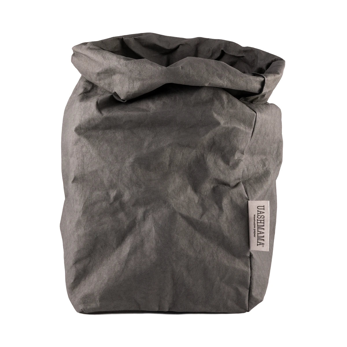 A washable paper bag is shown. The bag is rolled down at the top and features a UASHMAMA logo label on the bottom left corner. The bag pictured is the extra large size in dark grey.