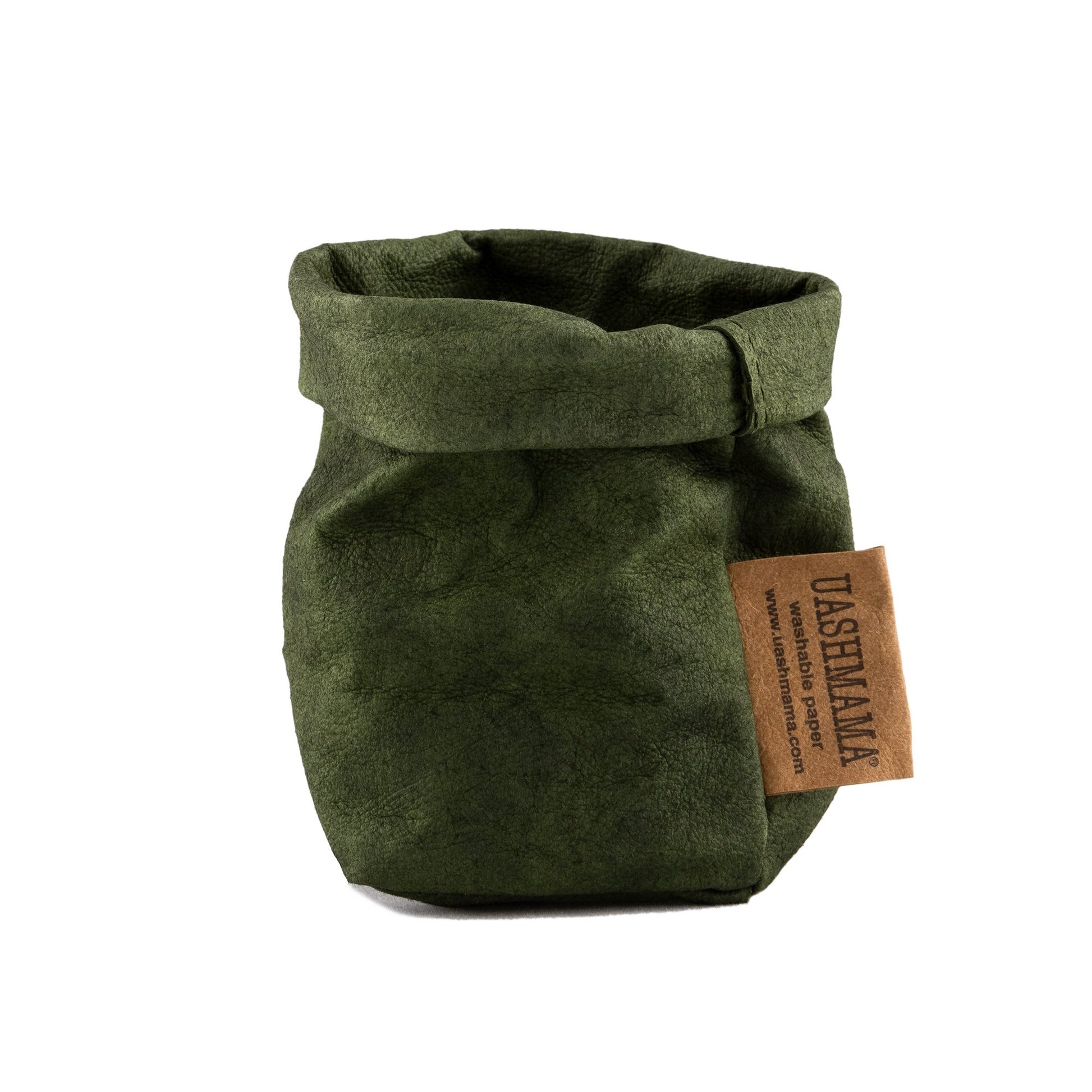 A washable paper bag is shown. The bag is rolled down at the top and features a UASHMAMA logo label on the bottom left corner. The bag pictured is the extra small size in dark green.