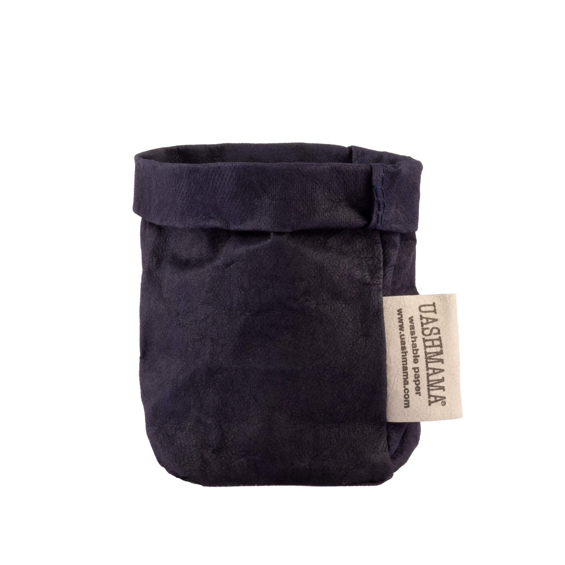 A washable paper bag is shown. The bag is rolled down at the top and features a UASHMAMA logo label on the bottom left corner. The bag pictured is the extra small size in dark blue.