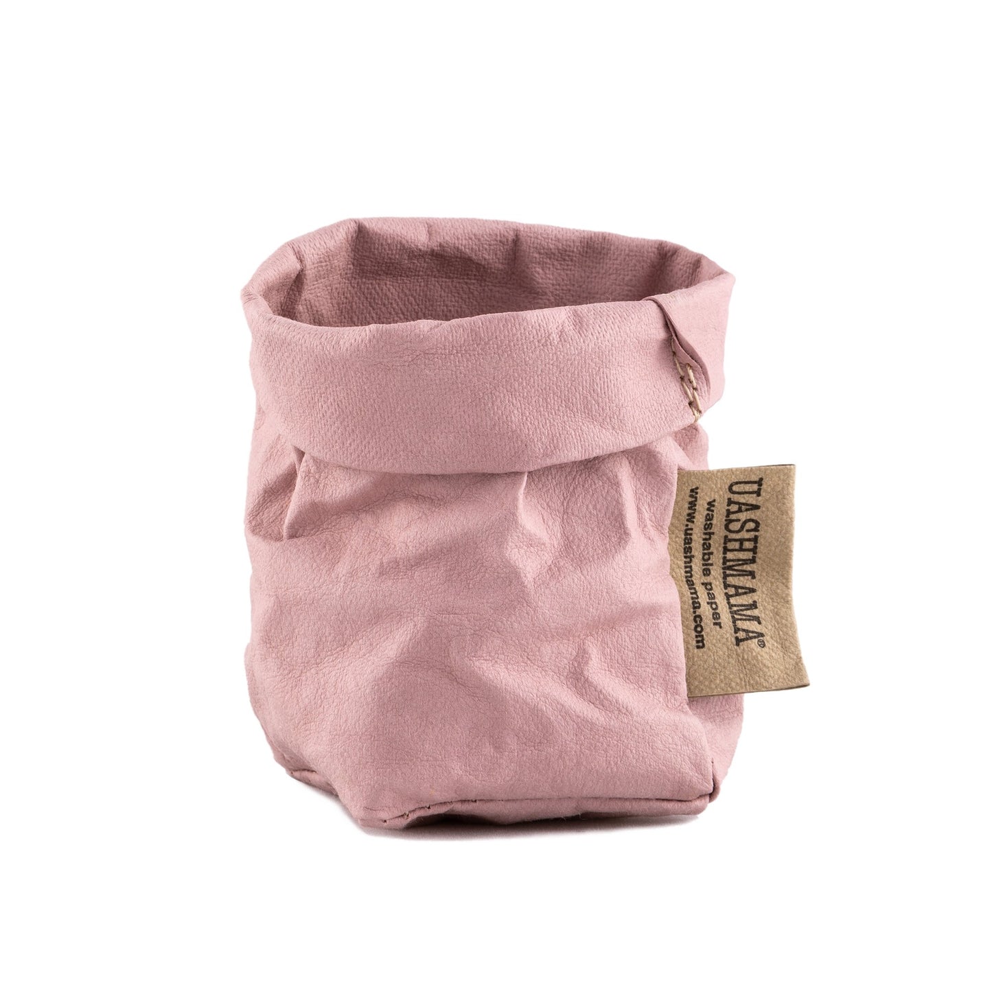 A washable paper bag is shown. The bag is rolled down at the top and features a UASHMAMA logo label on the bottom left corner. The bag pictured is the extra small size in pale pink.