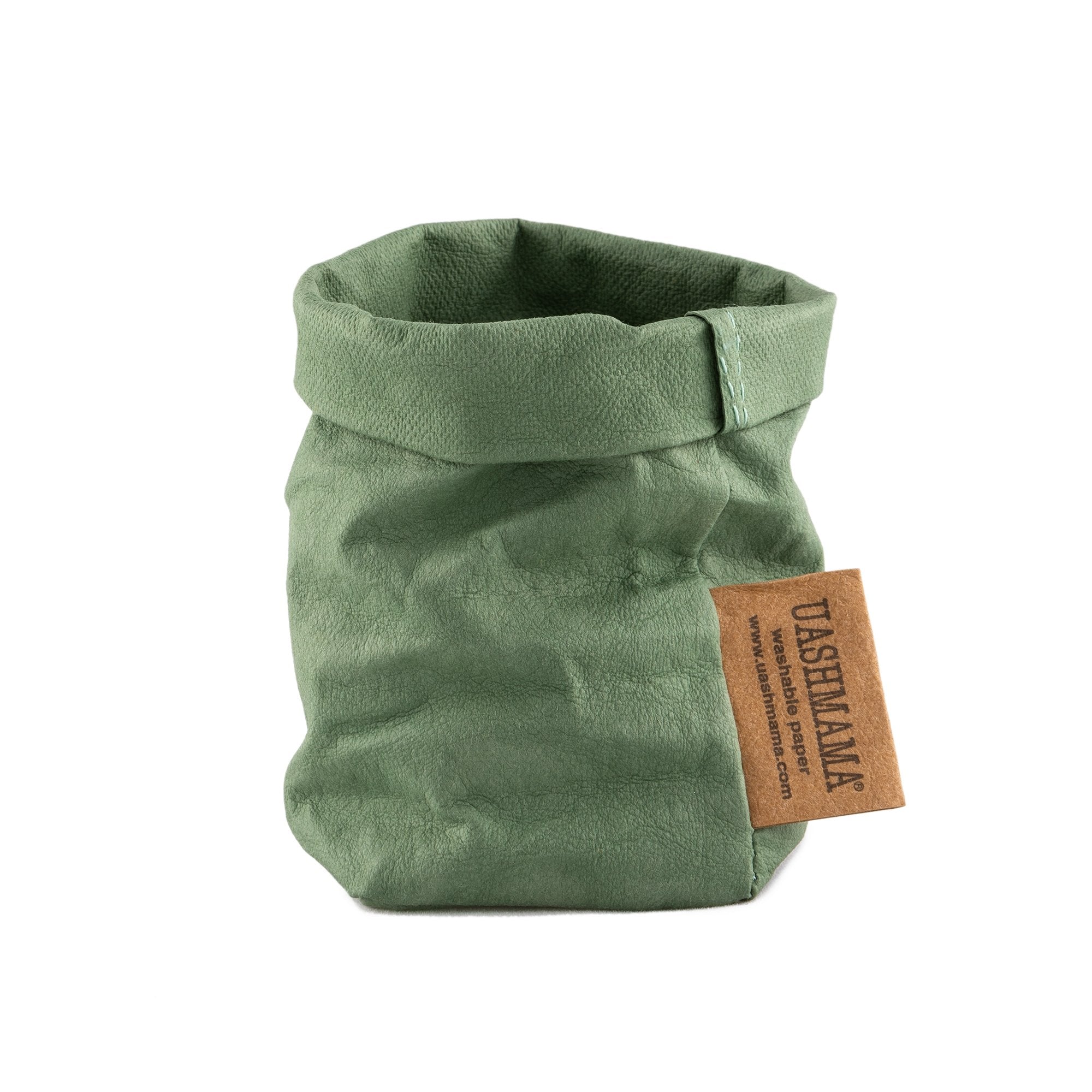 A washable paper bag is shown. The bag is rolled down at the top and features a UASHMAMA logo label on the bottom left corner. The bag pictured is the extra small size in green.