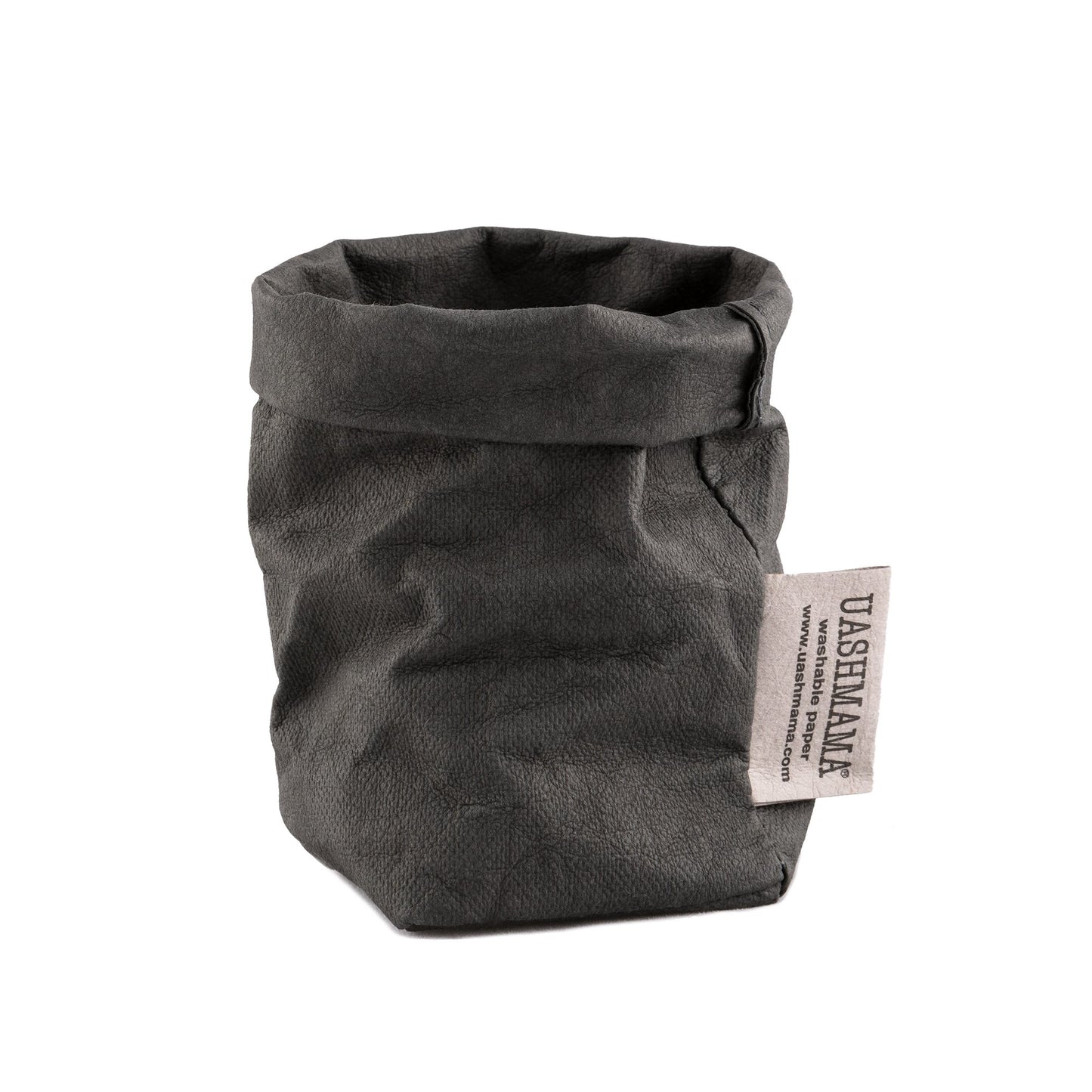 A washable paper bag is shown. The bag is rolled down at the top and features a UASHMAMA logo label on the bottom left corner. The bag pictured is the extra small size in dark grey.