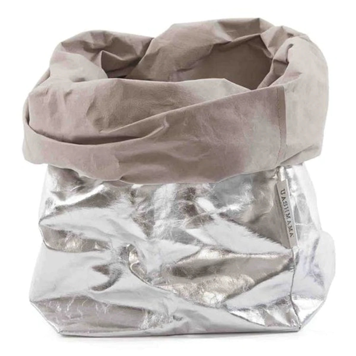 A washable paper bag is shown. The bag is rolled down at the top and features a UASHMAMA logo label on the bottom left corner. The bag pictured is the gigantic size in metallic silver.