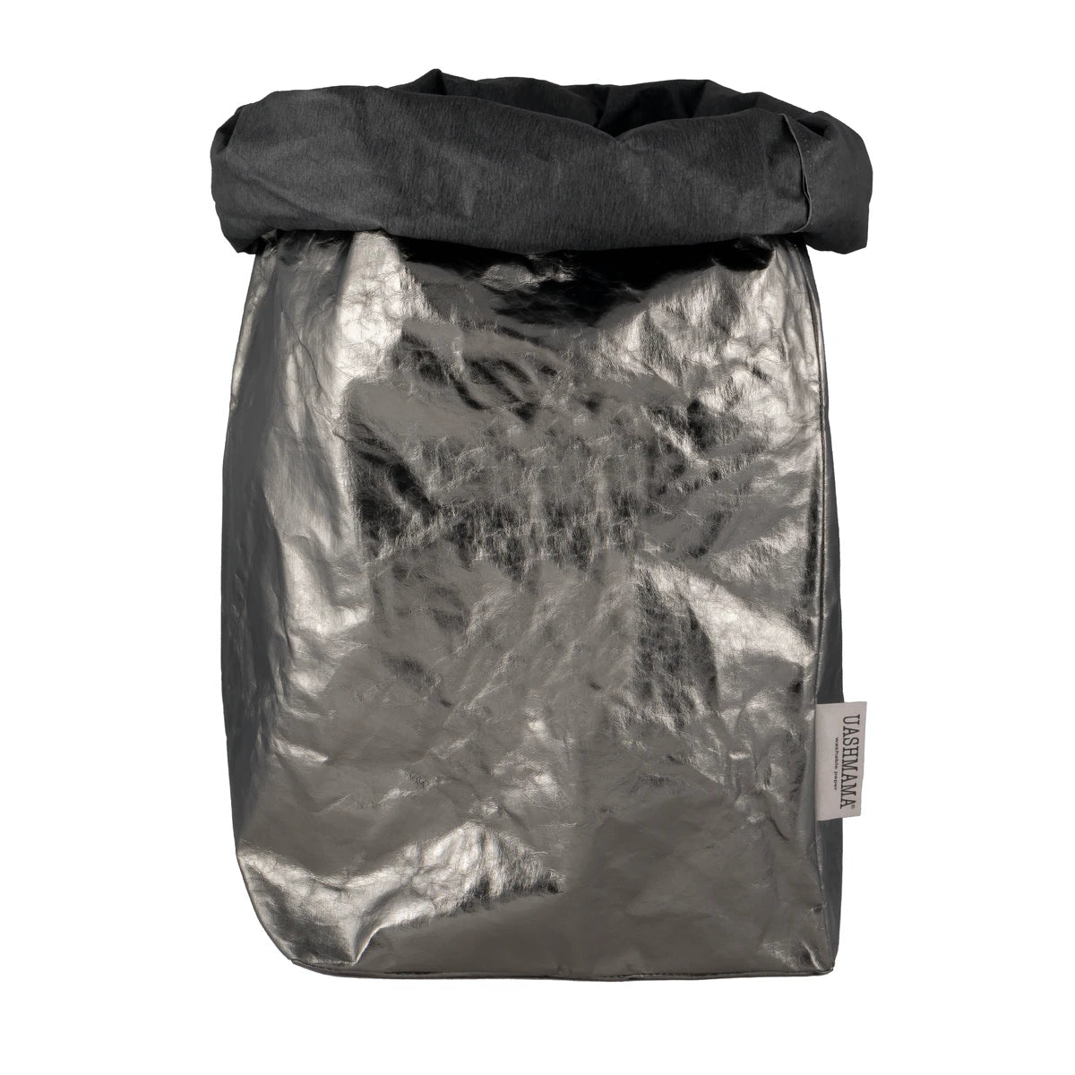 A washable paper bag is shown. The bag is rolled down at the top and features a UASHMAMA logo label on the bottom left corner. The bag pictured is the gigantic size in metallic dark grey.