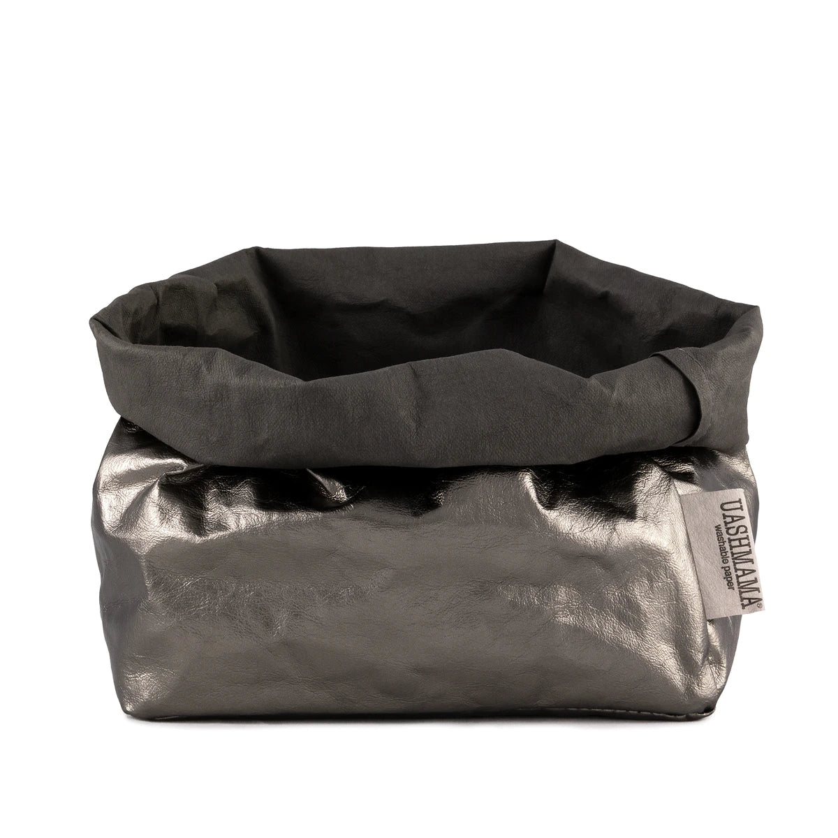 A washable paper bag is shown. The bag is rolled down at the top and features a UASHMAMA logo label on the bottom left corner. The bag pictured is the large size in metallic dark grey.