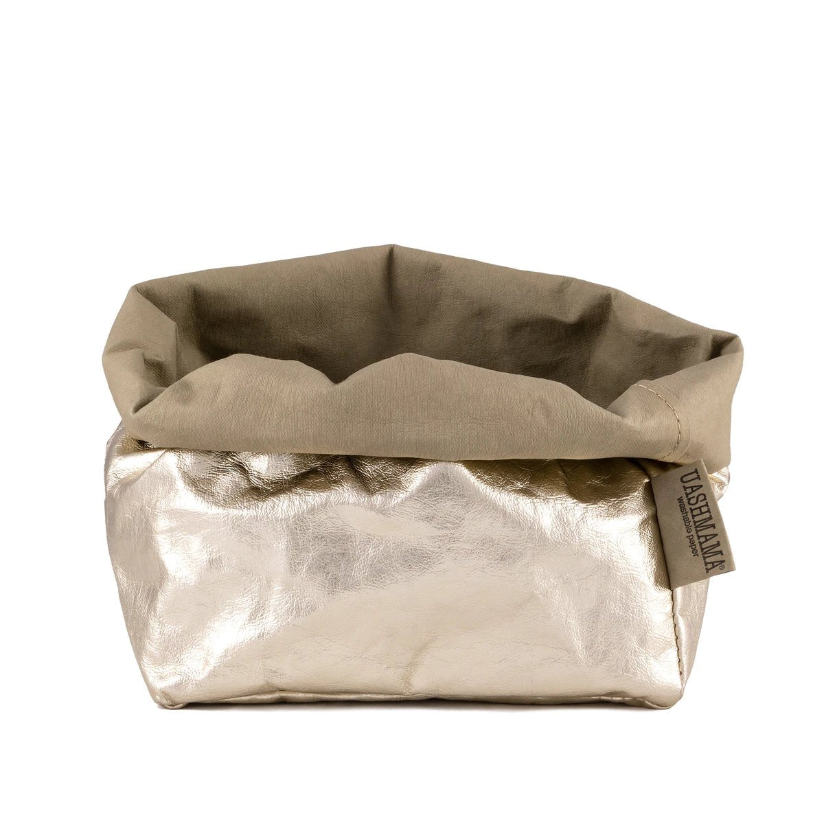 A washable paper bag is shown. The bag is rolled down at the top and features a UASHMAMA logo label on the bottom left corner. The bag pictured is the large size in metallic platinum.