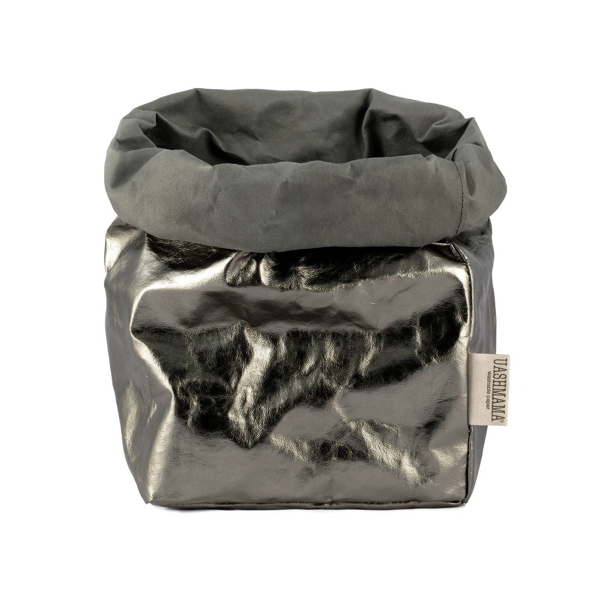 A washable paper bag is shown. The bag is rolled down at the top and features a UASHMAMA logo label on the bottom left corner. The bag pictured is the large plus size in metallic dark grey.