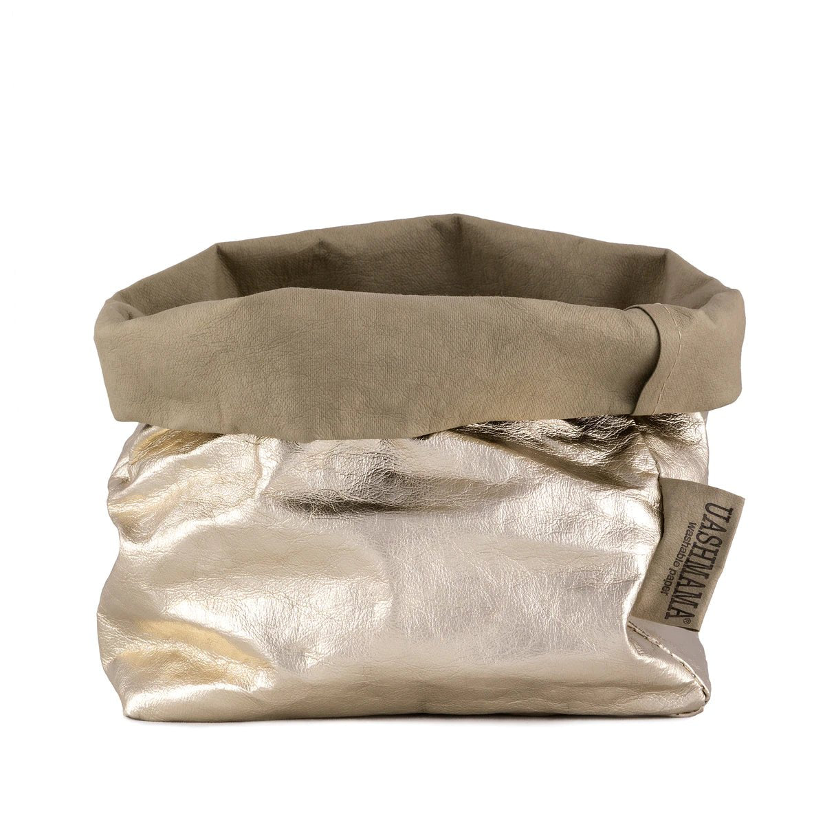 A washable paper bag is shown. The bag is rolled down at the top and features a UASHMAMA logo label on the bottom left corner. The bag pictured is the medium size in metallic platinum.