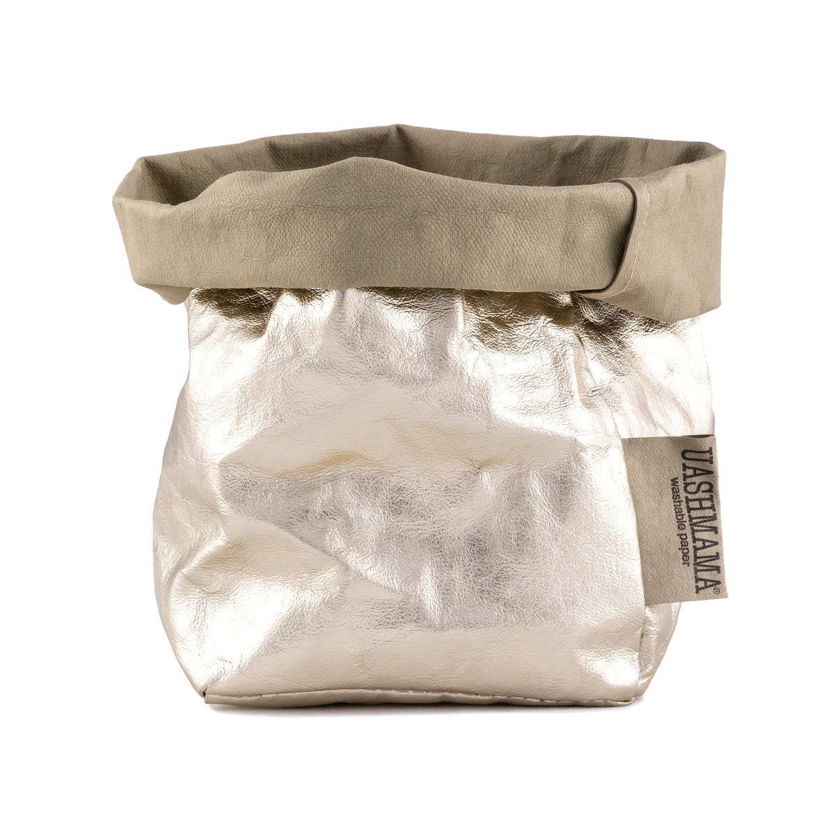 A washable paper bag is shown. The bag is rolled down at the top and features a UASHMAMA logo label on the bottom left corner. The bag pictured is the small size in metallic platinum.