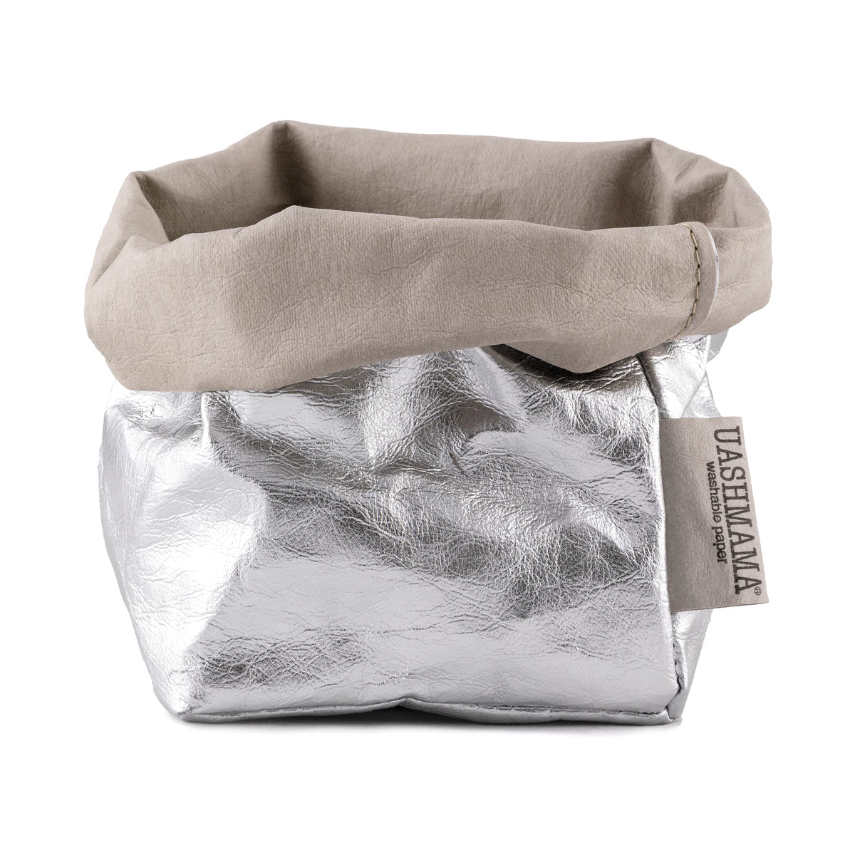 A washable paper bag is shown. The bag is rolled down at the top and features a UASHMAMA logo label on the bottom left corner. The bag pictured is the small size in metallic silver.