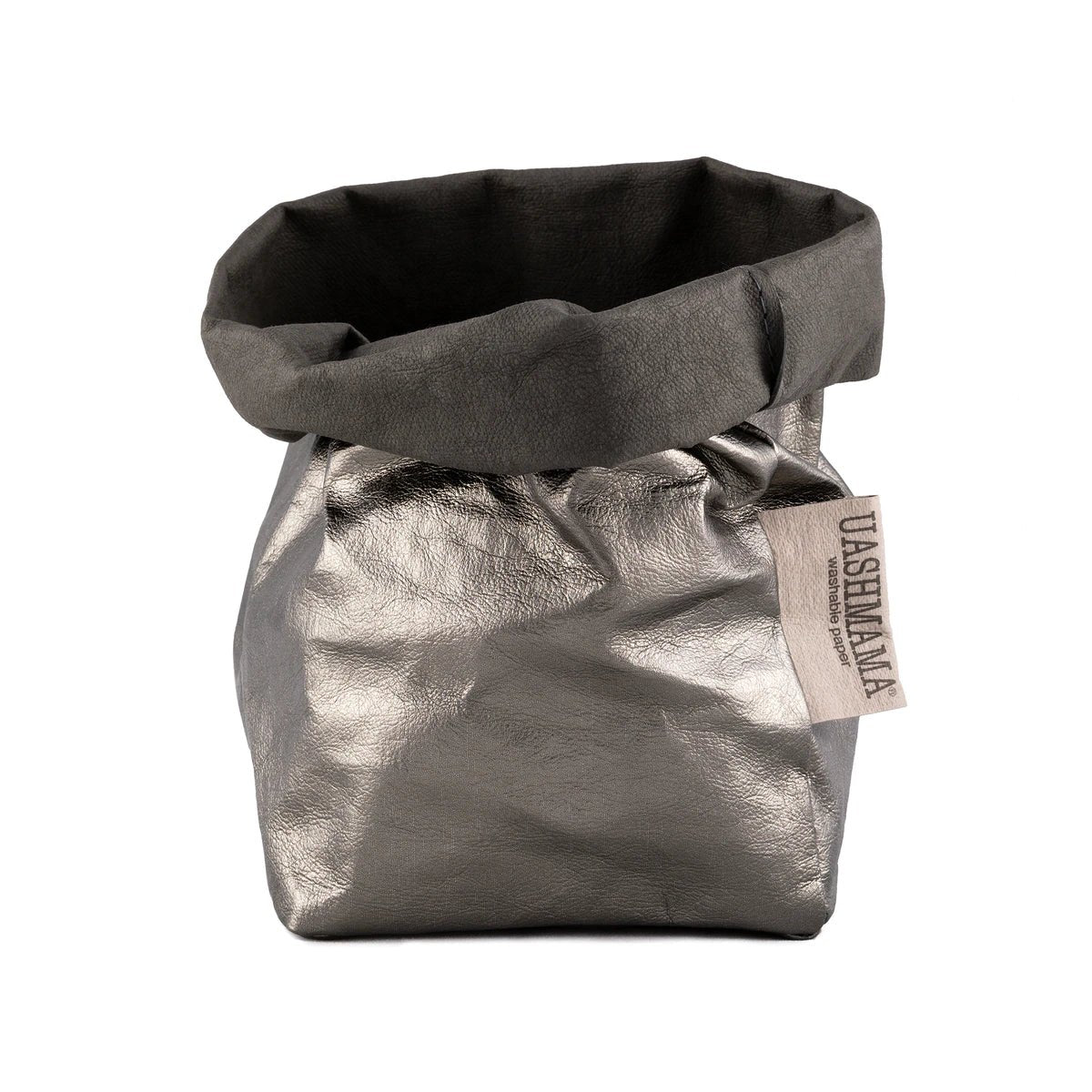 A washable paper bag is shown. The bag is rolled down at the top and features a UASHMAMA logo label on the bottom left corner. The bag pictured is the small size in metallic dark grey.