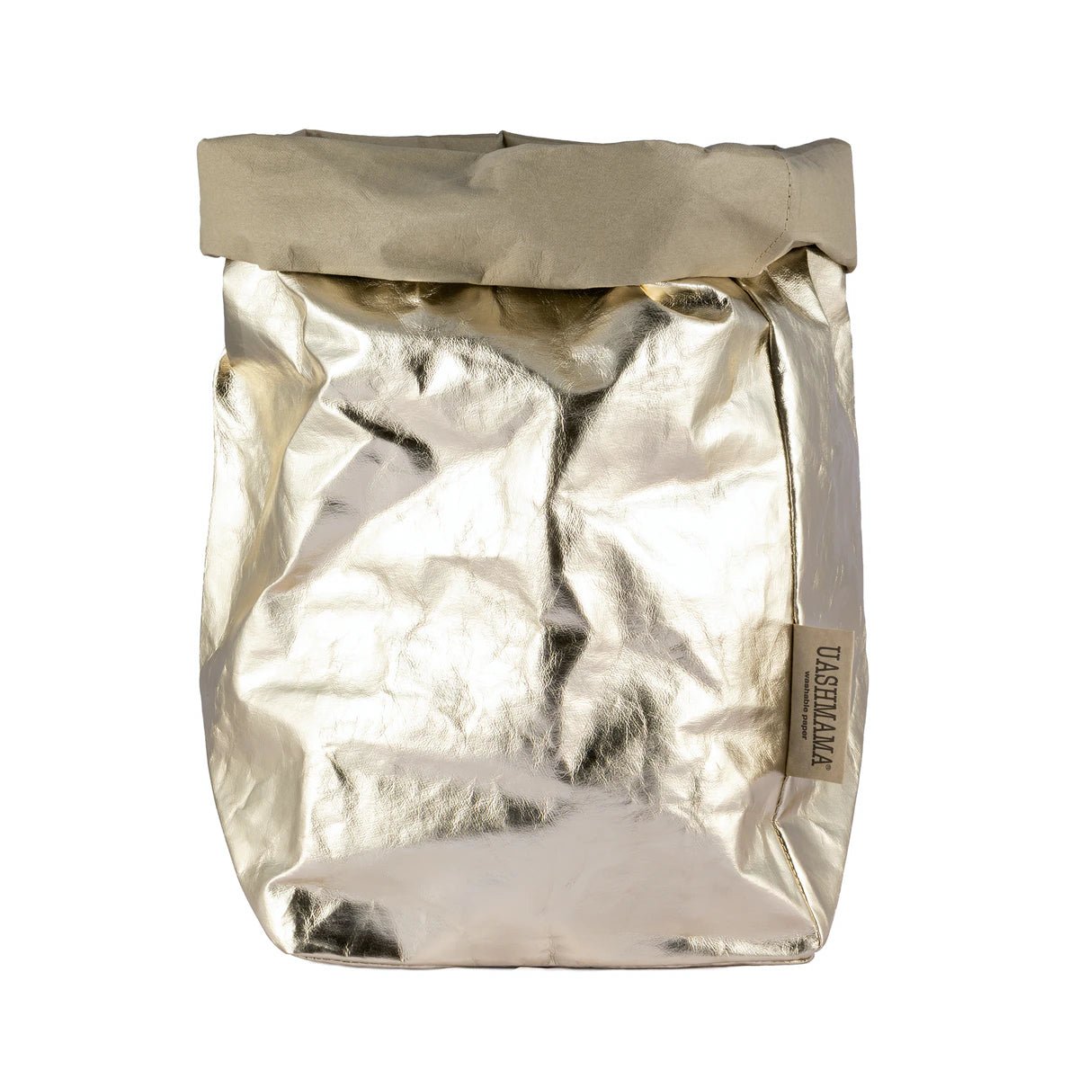 A washable paper bag is shown. The bag is rolled down at the top and features a UASHMAMA logo label on the bottom left corner. The bag pictured is the extra large size in platinum.
