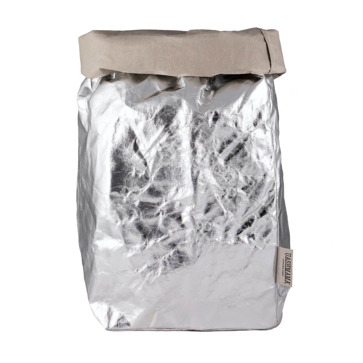 A washable paper bag is shown. The bag is rolled down at the top and features a UASHMAMA logo label on the bottom left corner. The bag pictured is the extra extra large size in metallic silver.