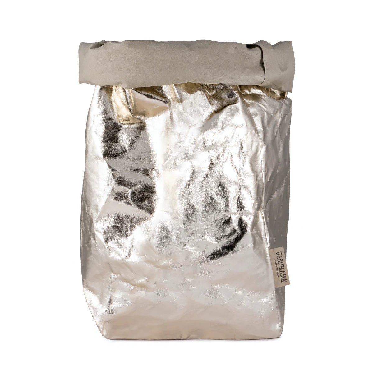A washable paper bag is shown. The bag is rolled down at the top and features a UASHMAMA logo label on the bottom left corner. The bag pictured is the extra extra large size in metallic platinum.