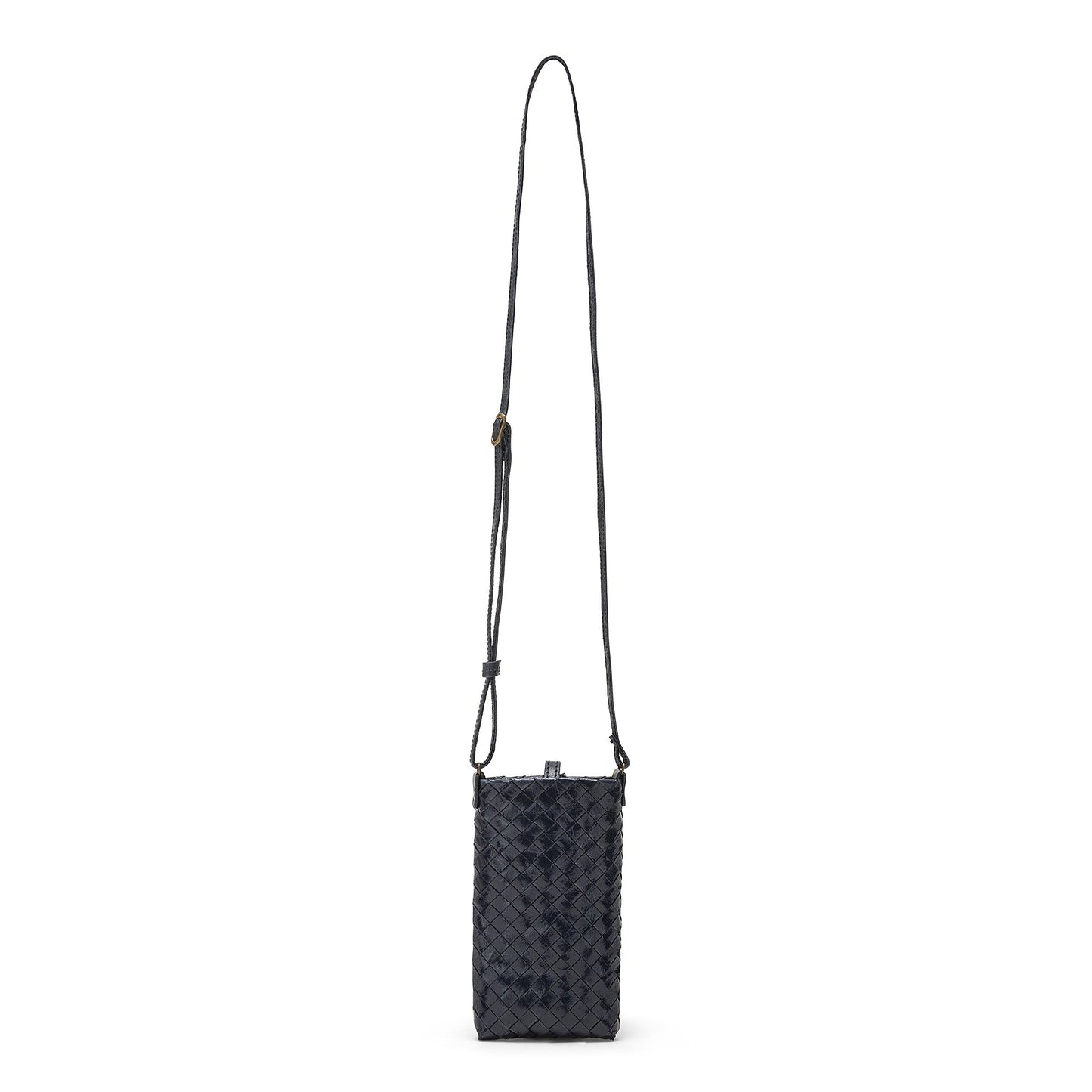 A dark blue woven washable paper rectangular phone case with a long shoulder strap.