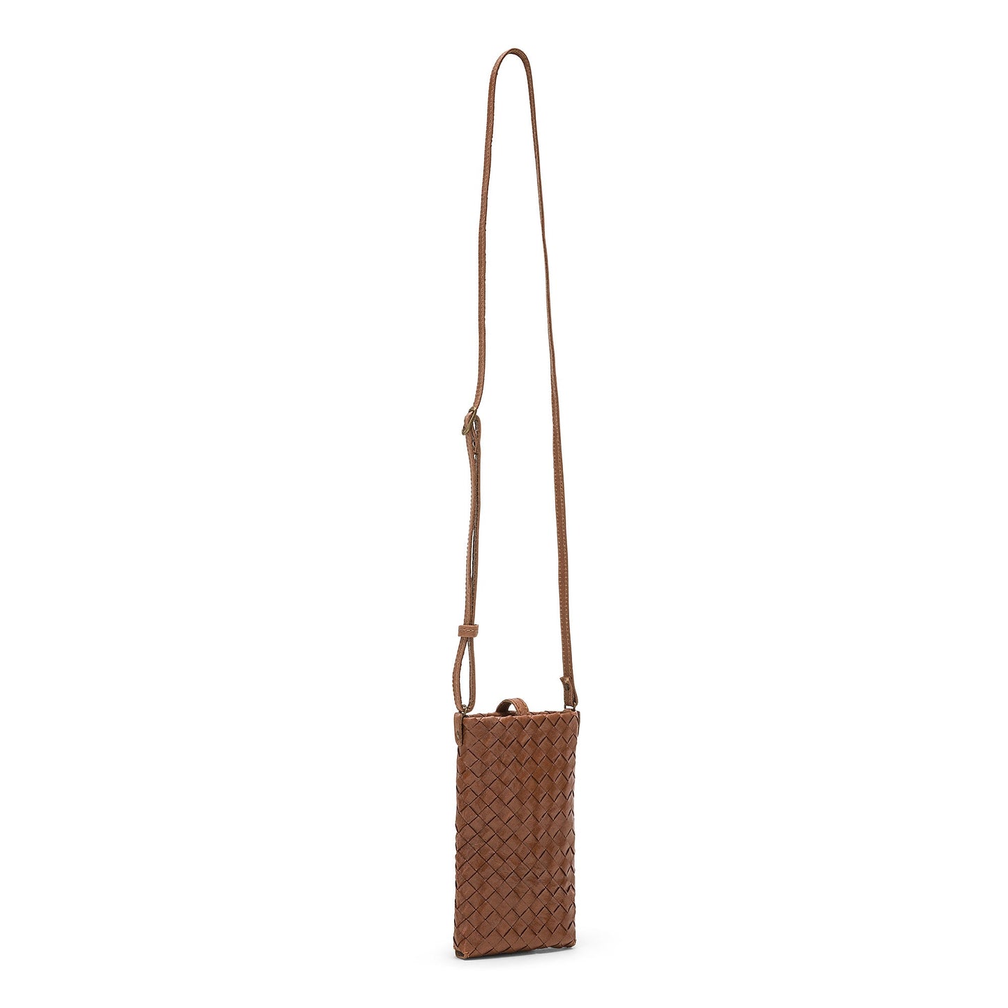 A brown washable paper phone case with a long washable paper shoulder strap.