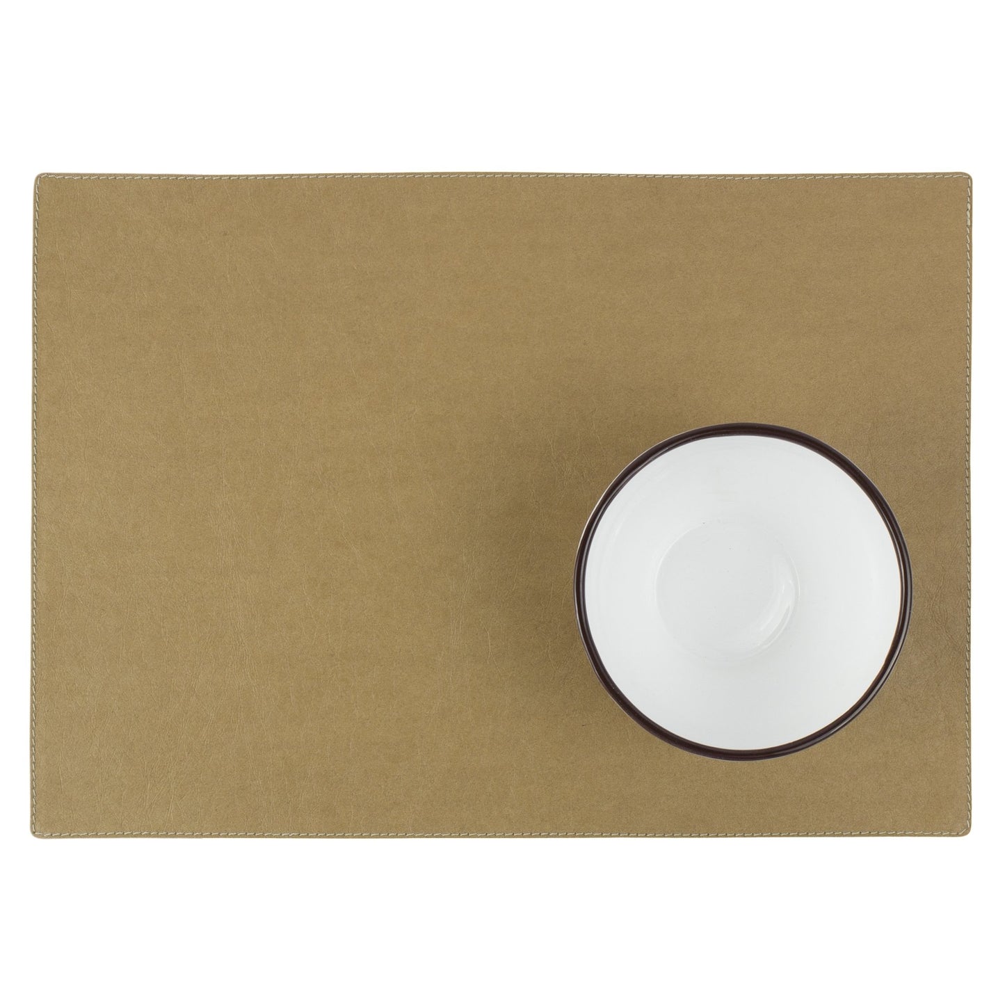 A rectangular washable paper placemat is shown with a small white bowl on the bottom left corner. The placemat is tan.