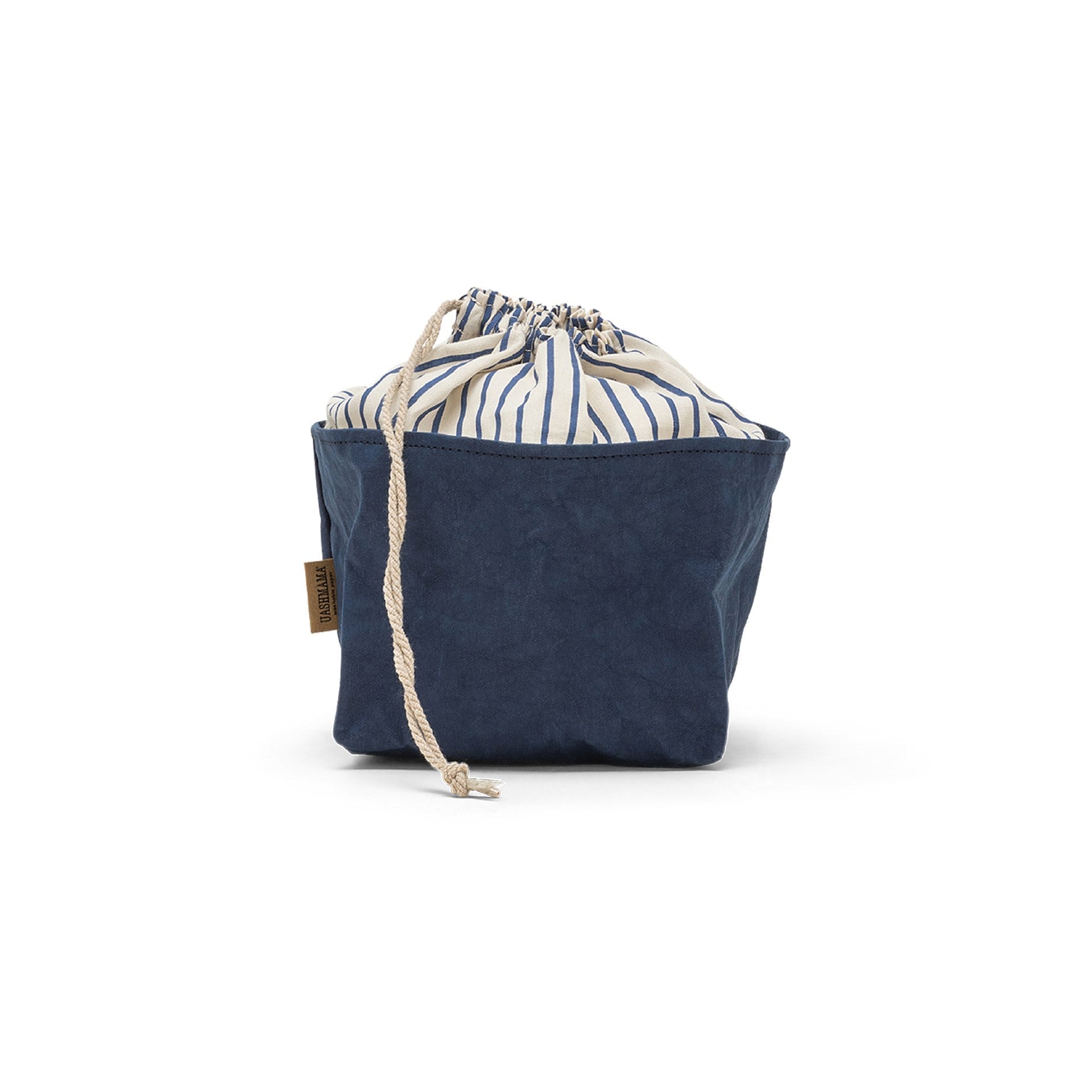 A washable paper bread bag with a drawstring organic linen top is shown. The bag has a small UASHMAMA logo label on the left hand side and fastens with a beige cord drawstring. The bag is blue in colour with a cream and blue cotton drawstring top.