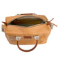 A small washable paper holdall is shown from above with the zip open. This shows an internal zipped pocket, two smaller pockets and organic cotton lining. The bag has two recycled cotton carry handles and a recycled cotton shoulder strap. The bag shown is tan.
