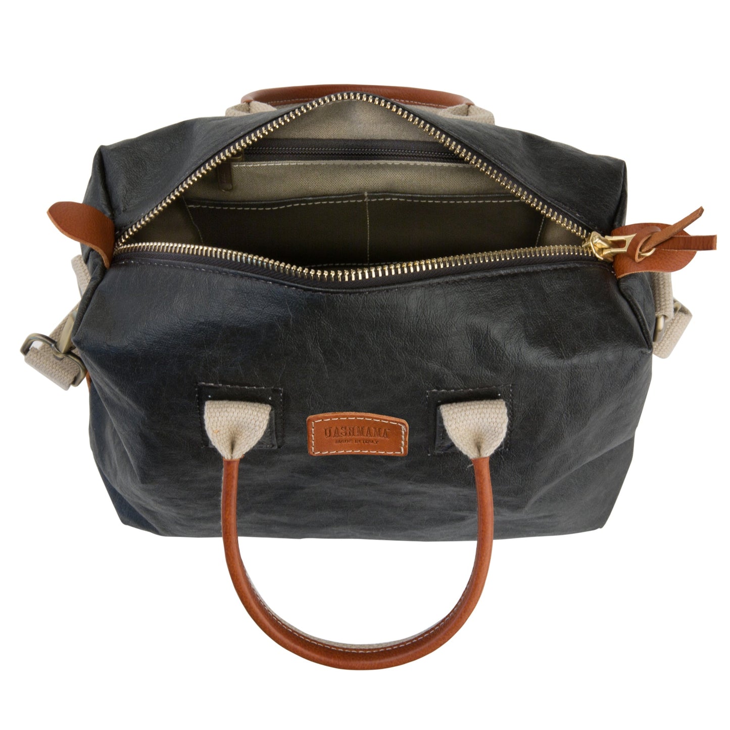 A small washable paper holdall is shown from above with the zip open. This shows an internal zipped pocket, two smaller pockets and organic cotton lining. The bag has two recycled cotton carry handles and a recycled cotton shoulder strap. The bag shown is black.
