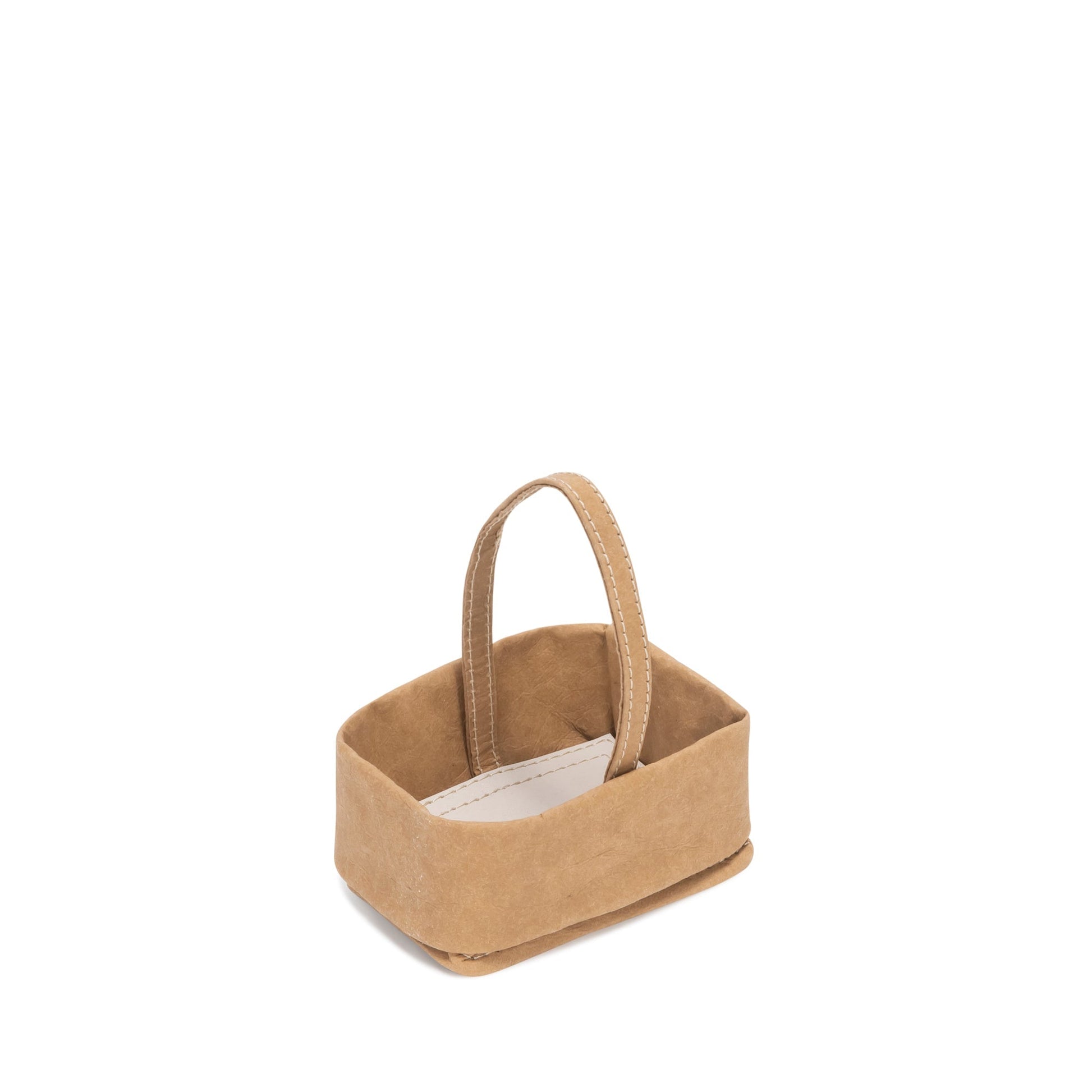 A small rectangular washable paper salt and pepper holder is shown with a washable paper small carry handle. The salt and pepper holder shown is tan.