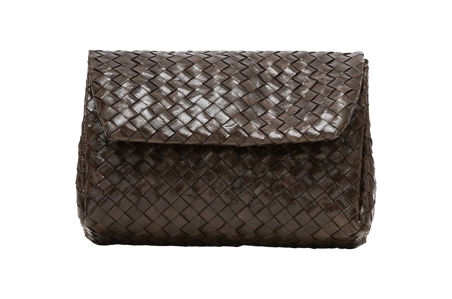 A woven washable paper handbag is shown. The bag has a front flap closure and a washable paper strap attached to the bag by metal clips. The bag is shown in brown.