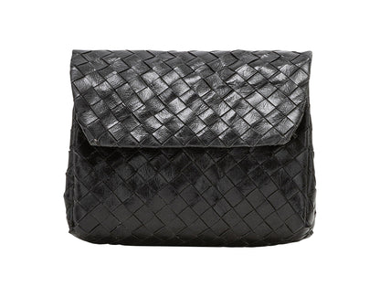A small woven washable paper handbag is shown. The bag has a front flap closure and a washable paper strap attached to the bag by metal clips. The bag is shown in black.