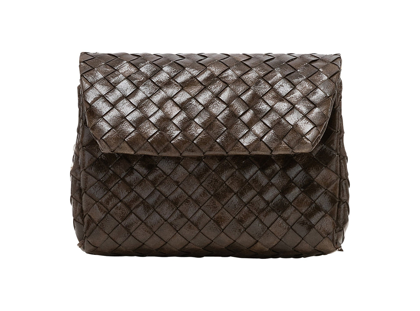 A small woven washable paper handbag is shown. The bag has a front flap closure and a washable paper strap attached to the bag by metal clips. The bag is shown in dark brown.