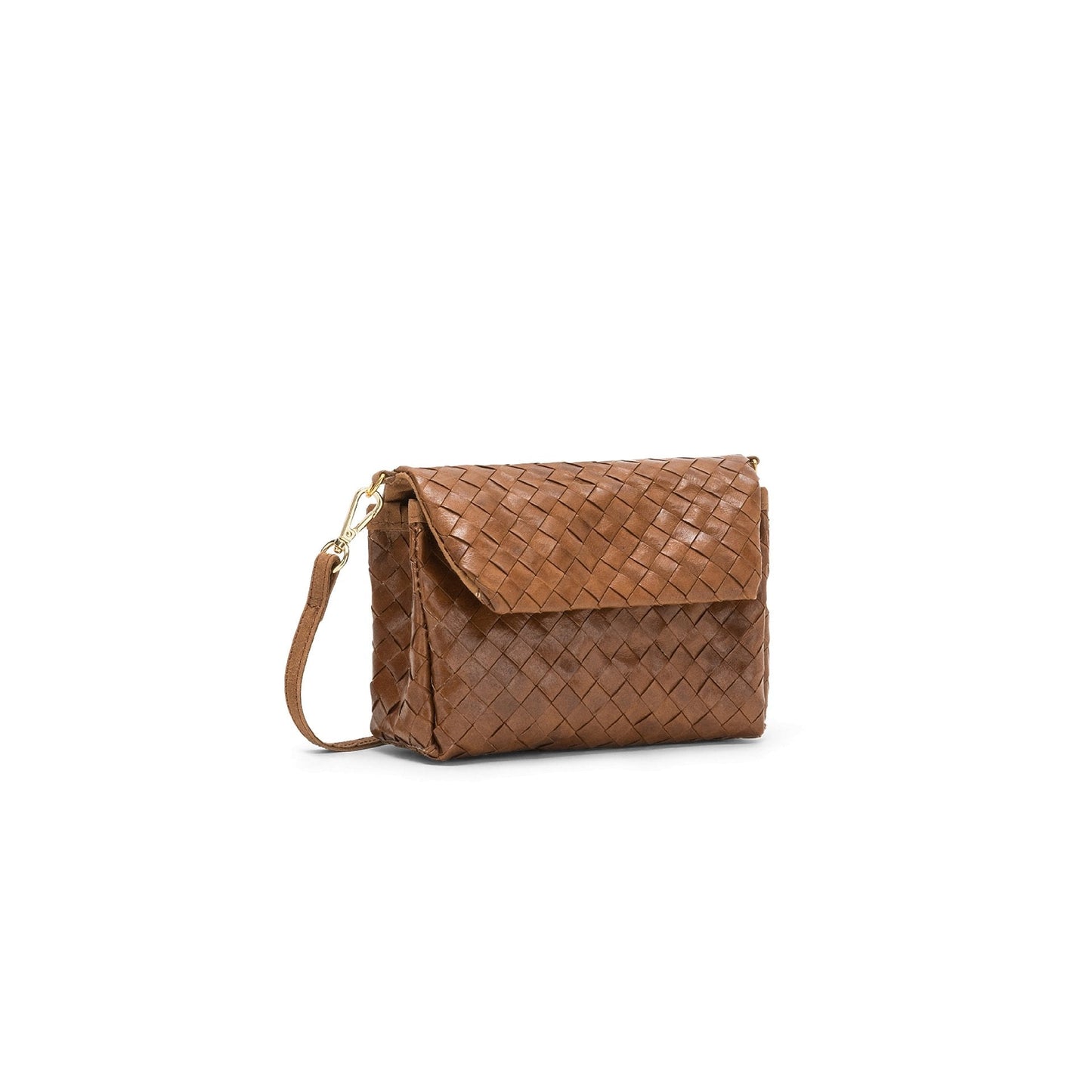 A small woven washable paper handbag is shown. The bag has a front flap closure and a washable paper strap attached to the bag by metal clips. The bag is shown in tan.