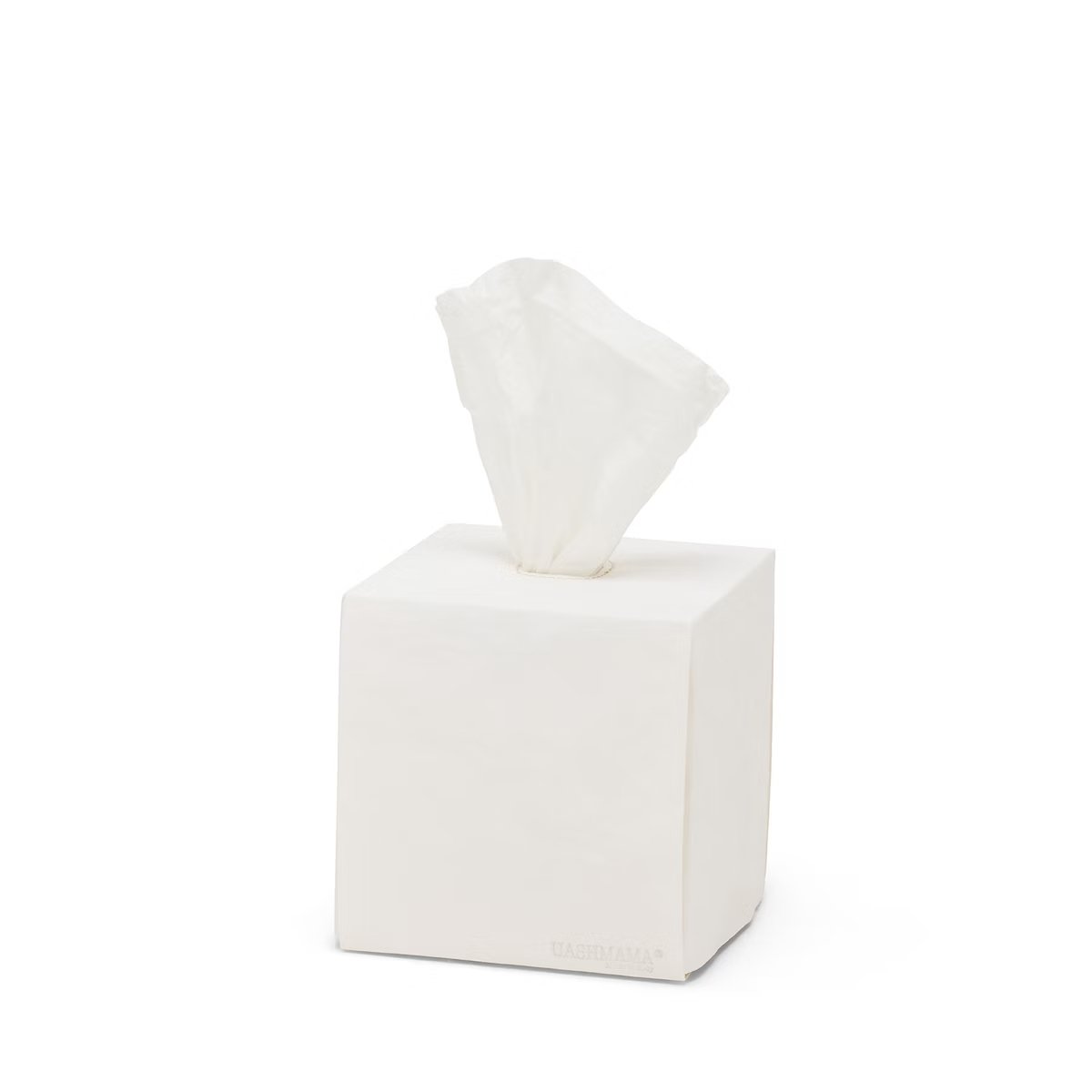 A square tissue box holder made of washable paper is shown, with a white tissue protruding from the top of the box. The UASHMAMA logo is printed in white lettering on the bottom right hand corner of the box. The tissue box cover is white.
