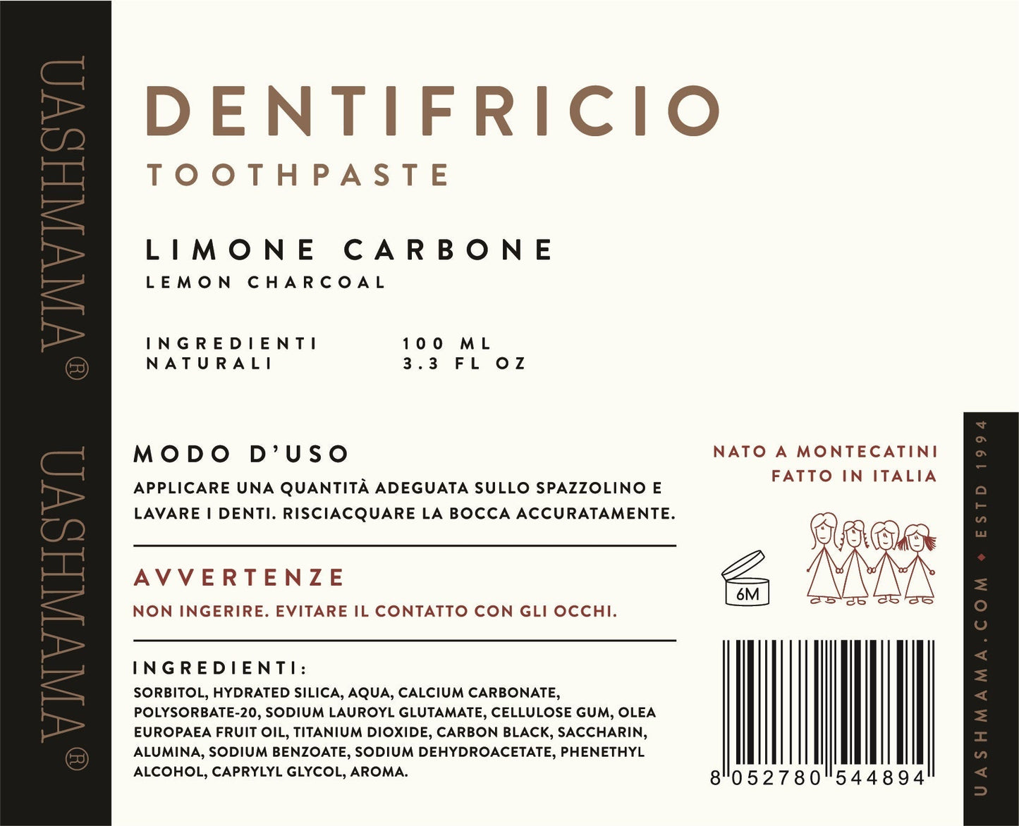 The ingredients are shown in Italian for the charcoal and lemon toothpaste.
