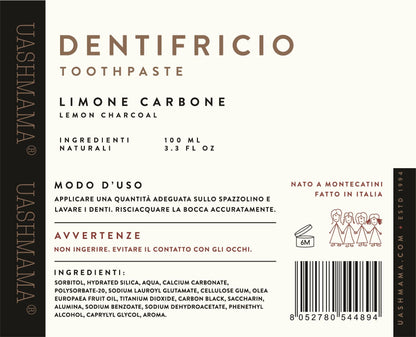 The ingredients are shown in Italian for the charcoal and lemon toothpaste.