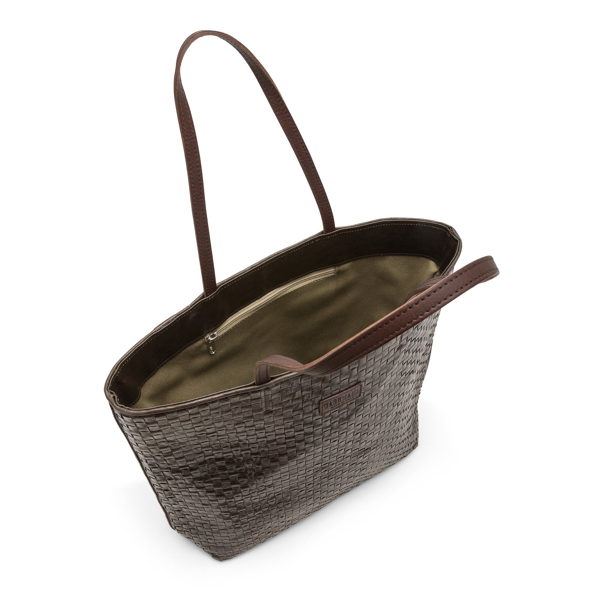 A brown woven washable paper tote bag with leather handles and a leather UASHMAMA logo label is shown open. The image shows an organic cotton lining and an internal zipped pocket.