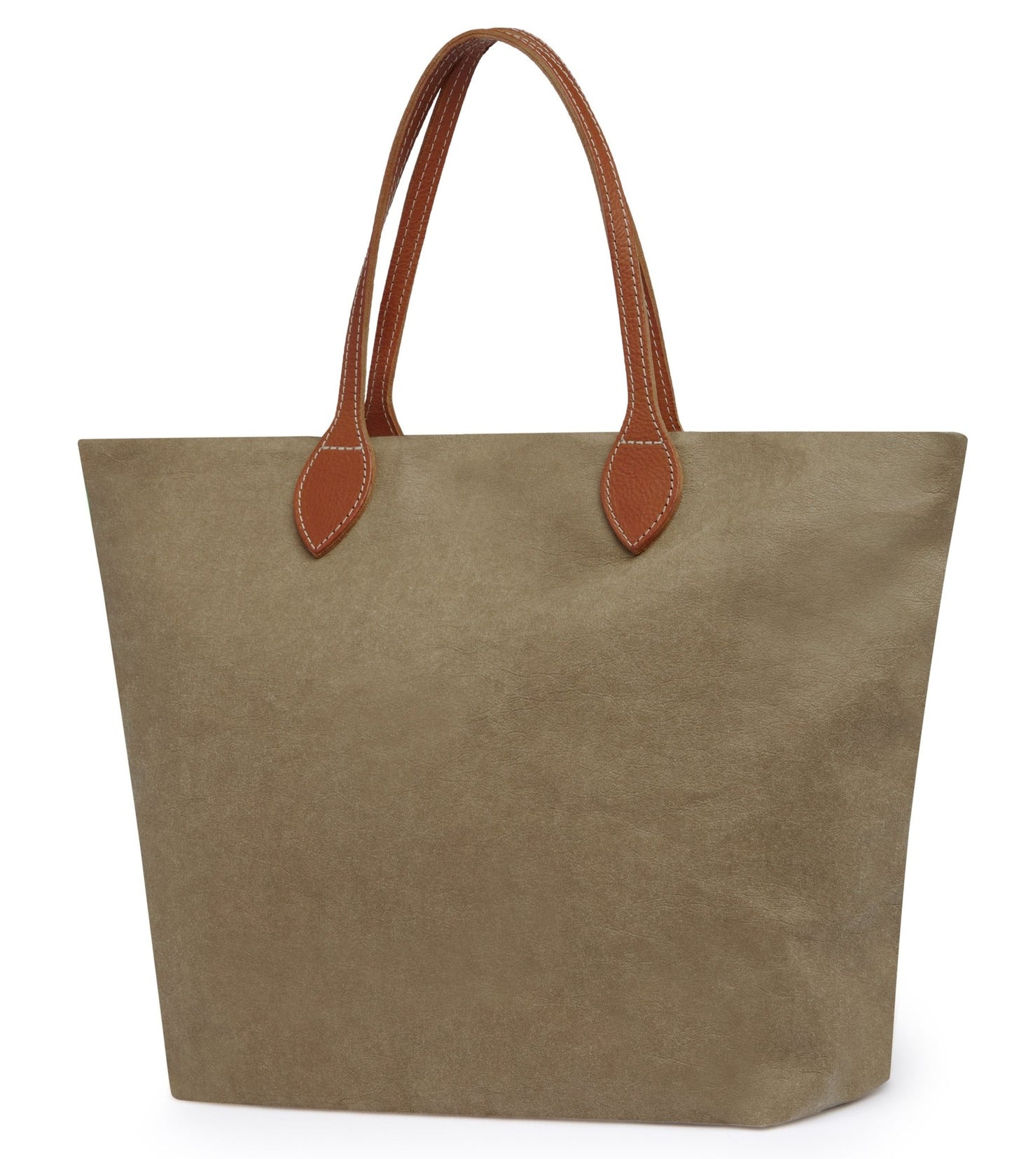 A large washable paper tote is shown. It has two long tan leather handles. The bag shown is in an olive colour.